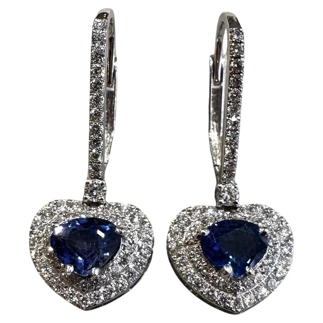 Heart shape Diamond and Sapphire Drop Earrings in 18k White Gold