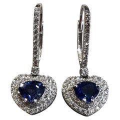 Heart shape Diamond and Sapphire Drop Earrings in 18k White Gold