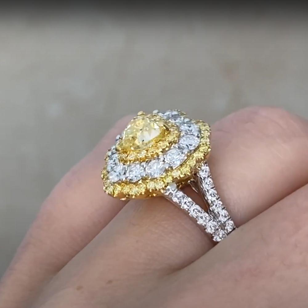 Heart Cut Heart Shape Diamond (Approx. 0.90-Carats) Three Halo Ring, 18k Yellow-White Gold For Sale