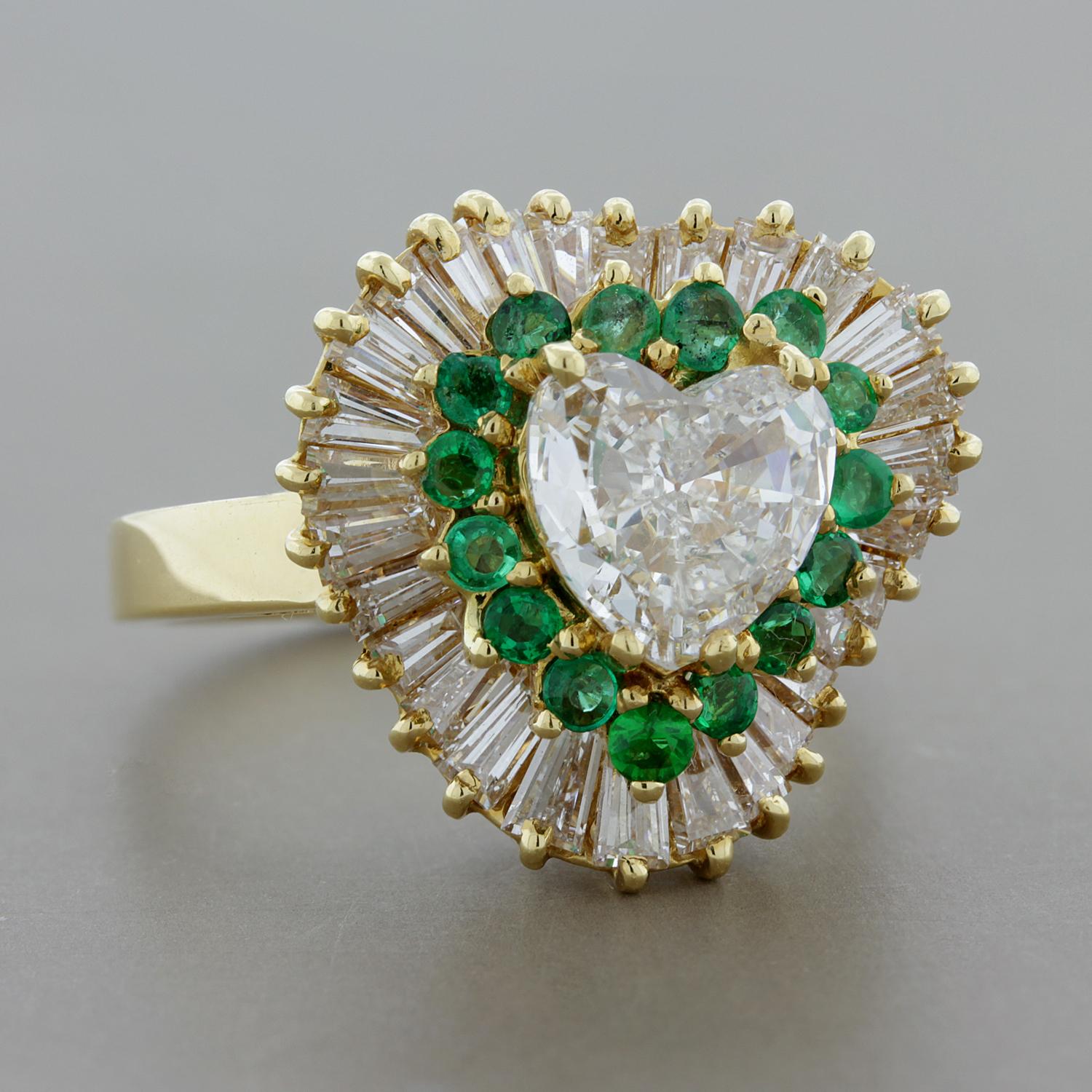Mixed Cut Heart Shape Diamond Emerald Halo Gold Ring