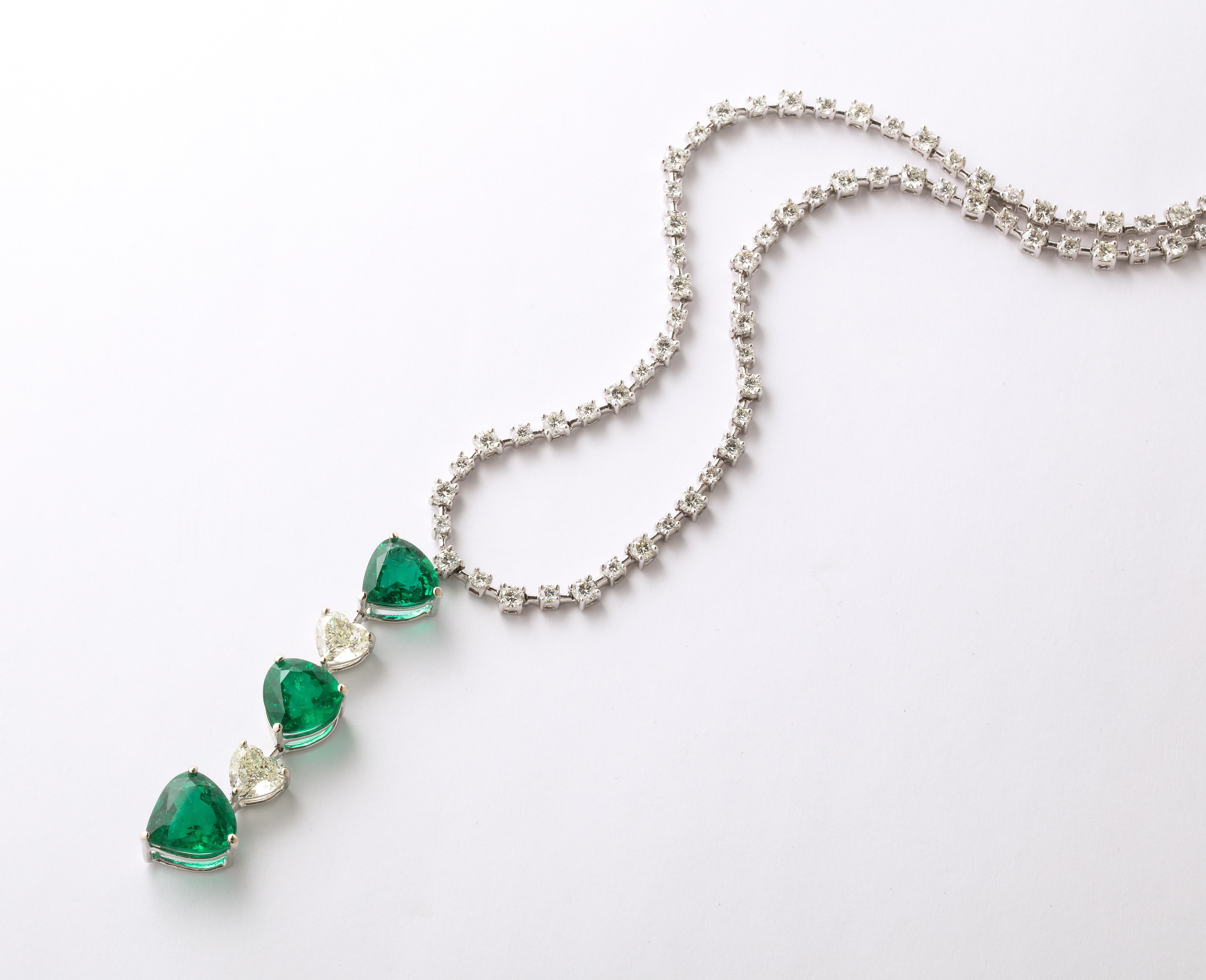 Heart Cut Heart Shape Emerald and Diamond Necklace For Sale