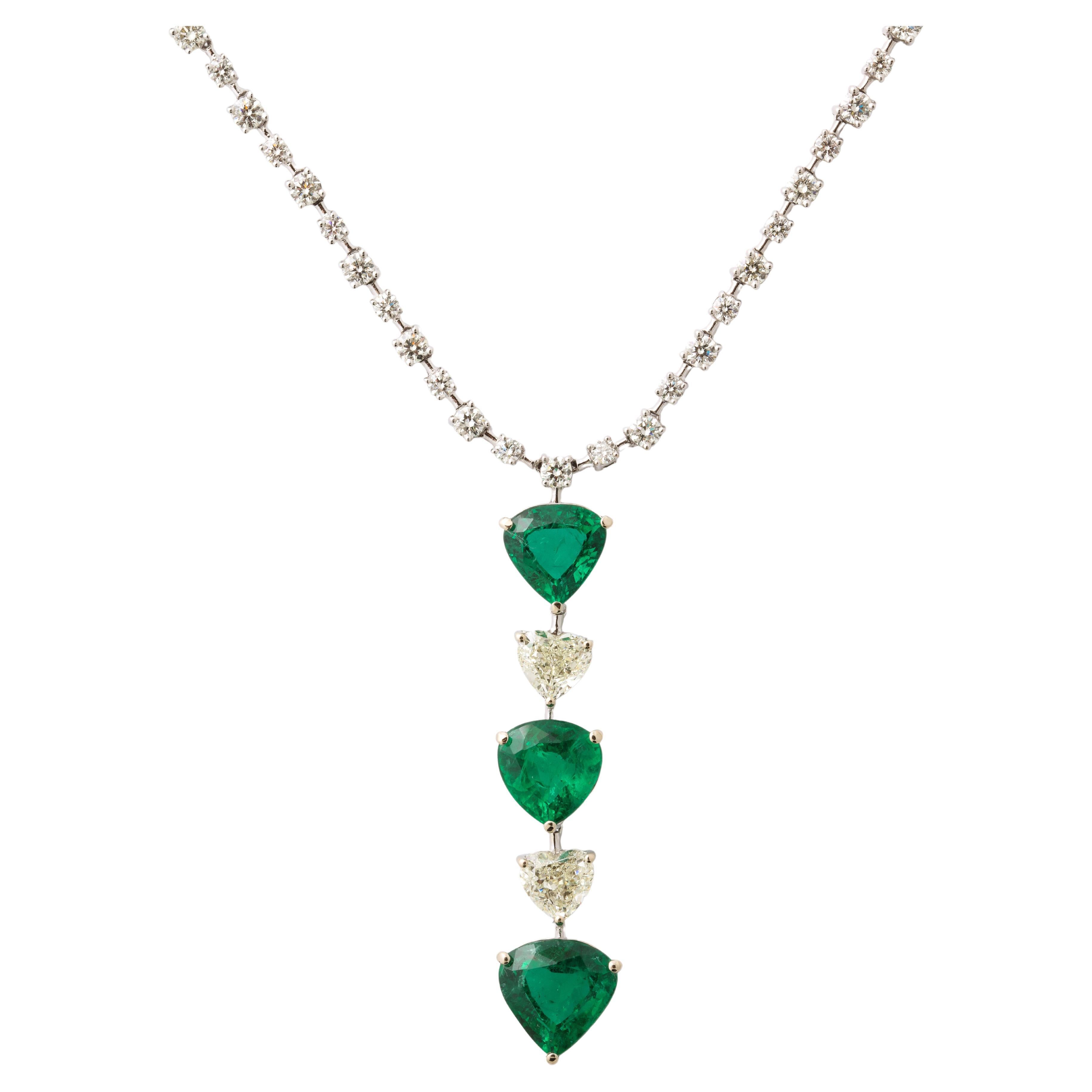 Heart Shape Emerald and Diamond Necklace For Sale