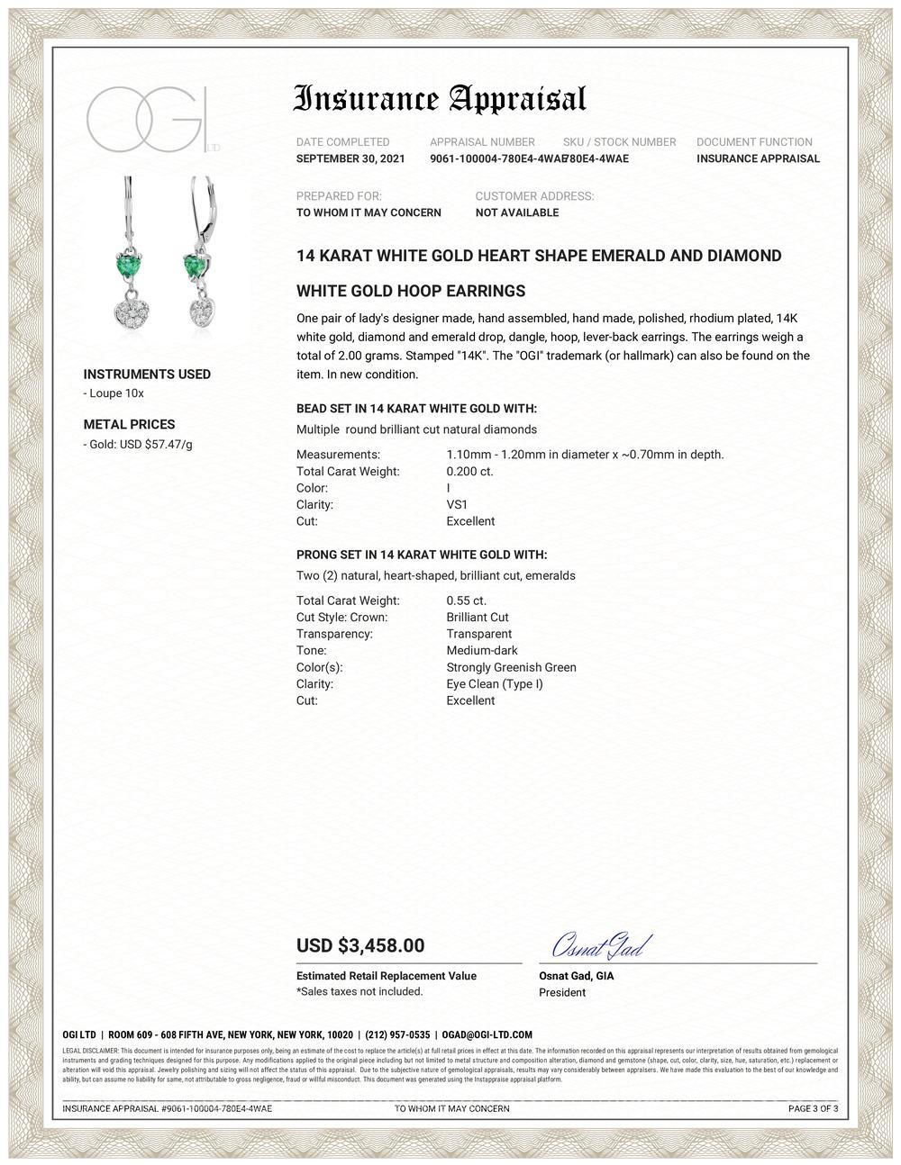 Fourteen karats white gold hoop drop earrings 
Diamonds weighing 0.20 carat 
Two heart shape emeralds weighing 0.55 carats
One of a kind earring
New Earrings
14 karat gold wire wrapped hoops 
Handmade in the USA
Our team of graduate gemologists