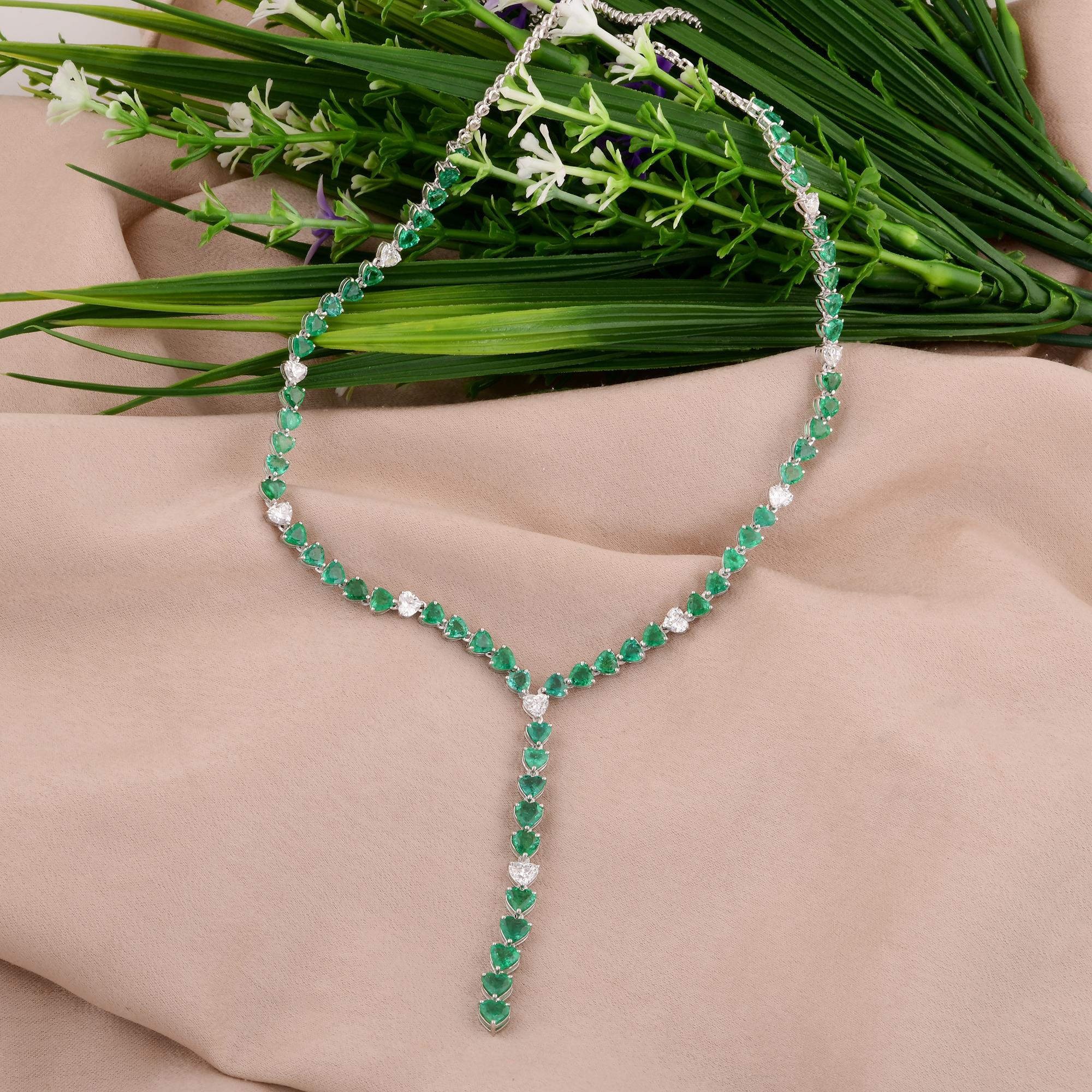 Modern Heart Shape Emerald & Diamond Necklace 14 Karat White Gold Handmade Fine Jewelry For Sale