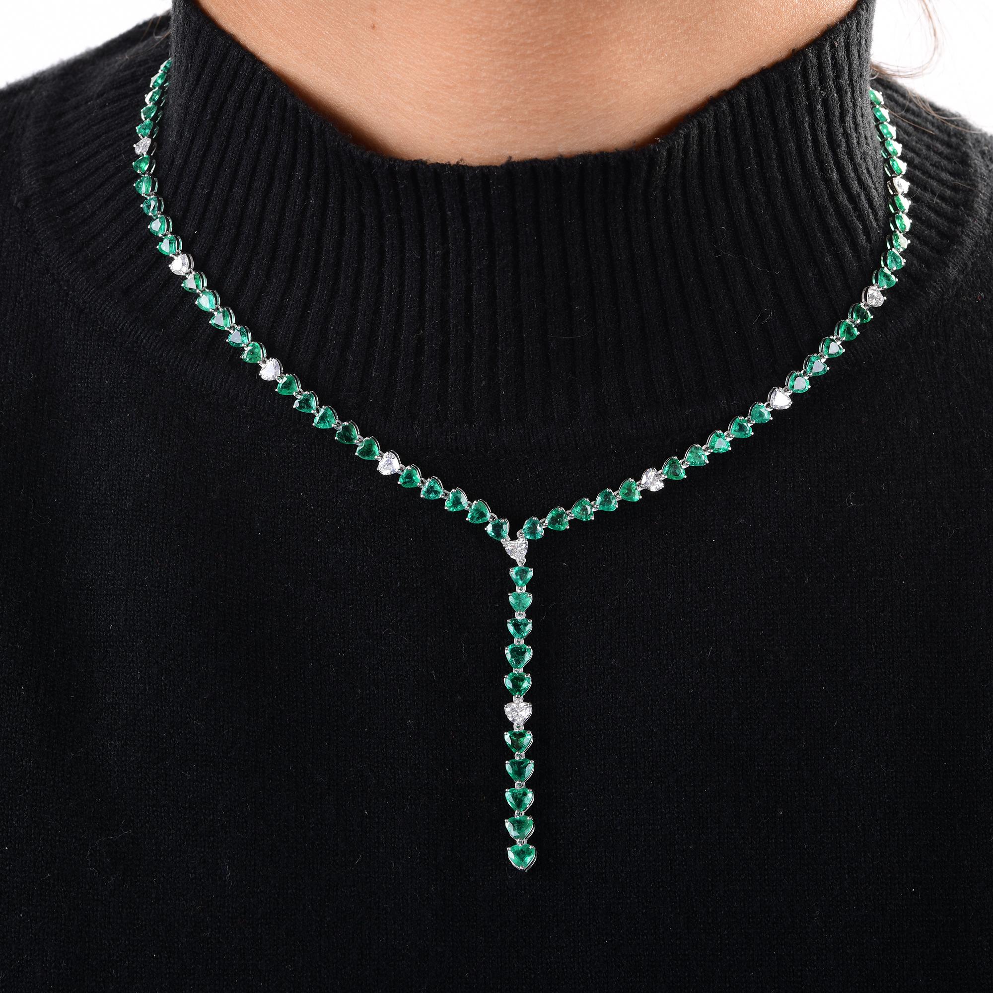 Women's Heart Shape Emerald & Diamond Necklace 14 Karat White Gold Handmade Fine Jewelry For Sale