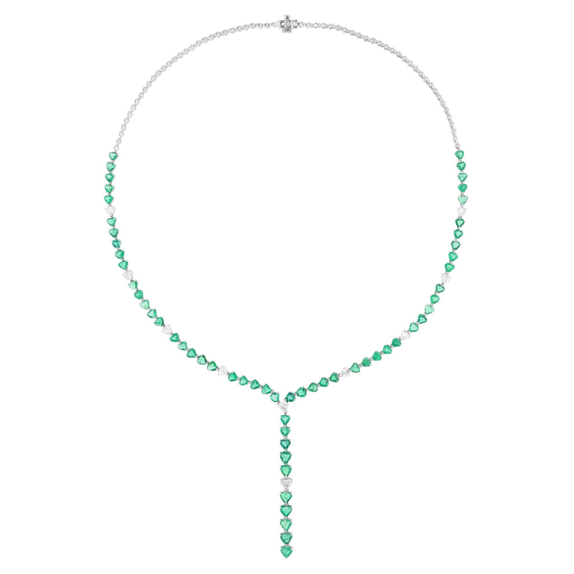 Collier d'émeraudes et de diamants en forme de cœur en or blanc 14 carats, fait main