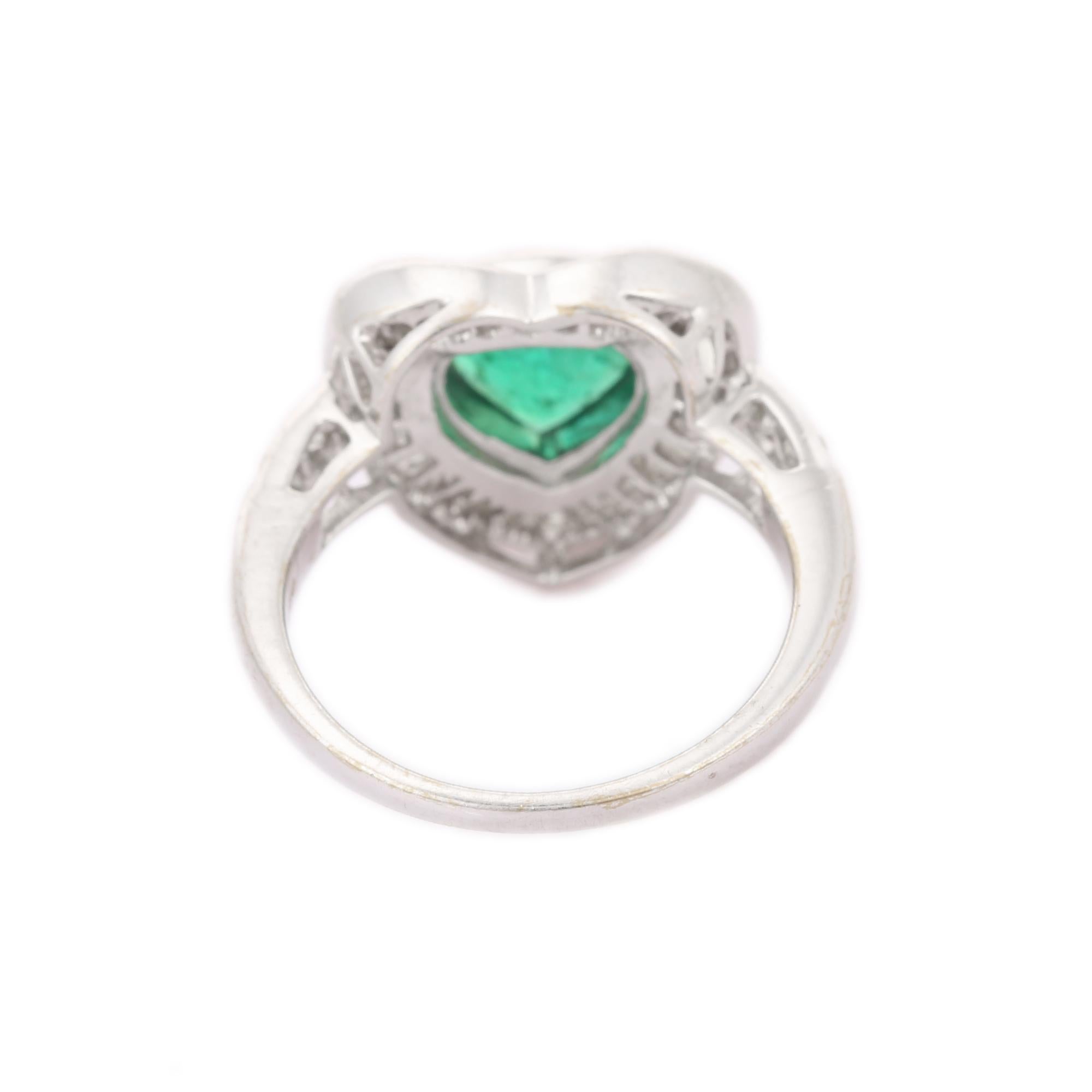 For Sale:  Emerald Diamond Heart Shape Wedding Ring in 18kt Solid White Gold 5