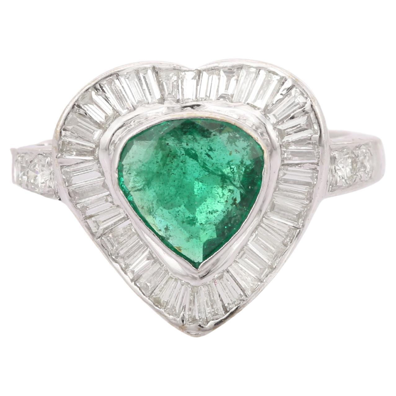 For Sale:  Emerald Diamond Heart Shape Wedding Ring in 18kt Solid White Gold