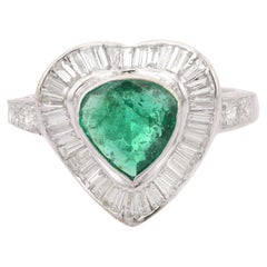 Heart Shape Emerald Diamond Ring in 18K White Gold