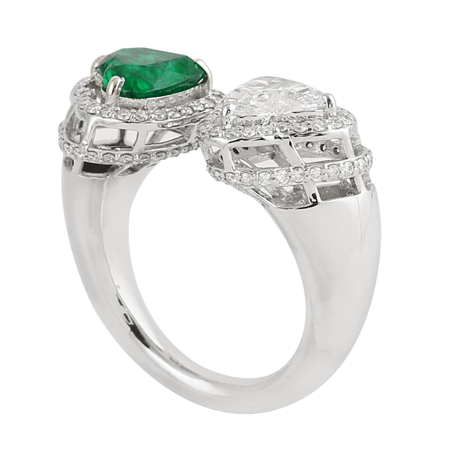 Mixed Cut Heart Shape Emerald & Diamond Toi Et Moi Ring Made In 18k White Gold For Sale