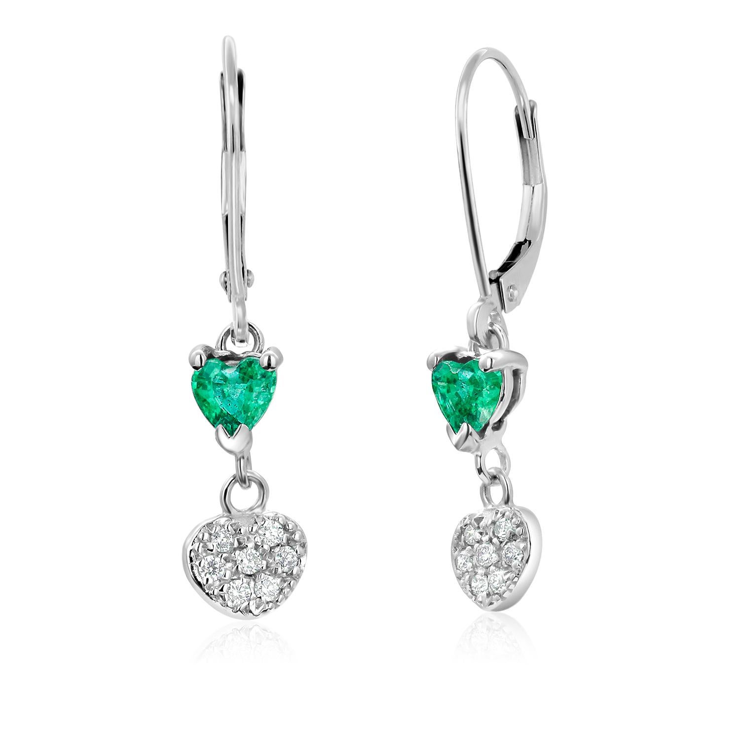 Contemporary Heart Shape Emerald and Diamond White Gold Hoop Earrings