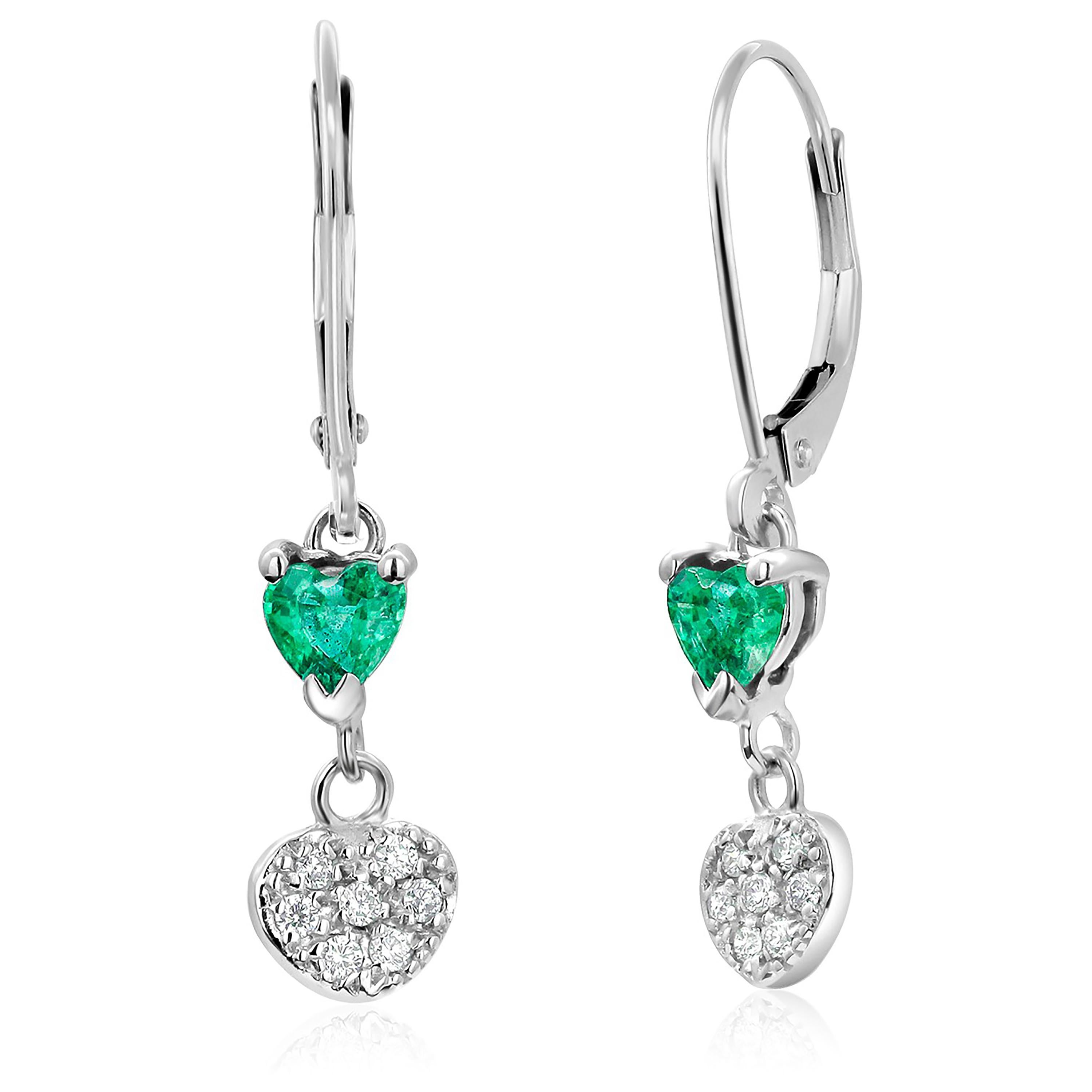 Heart Cut Heart Shape Emerald and Diamond White Gold Hoop Earrings