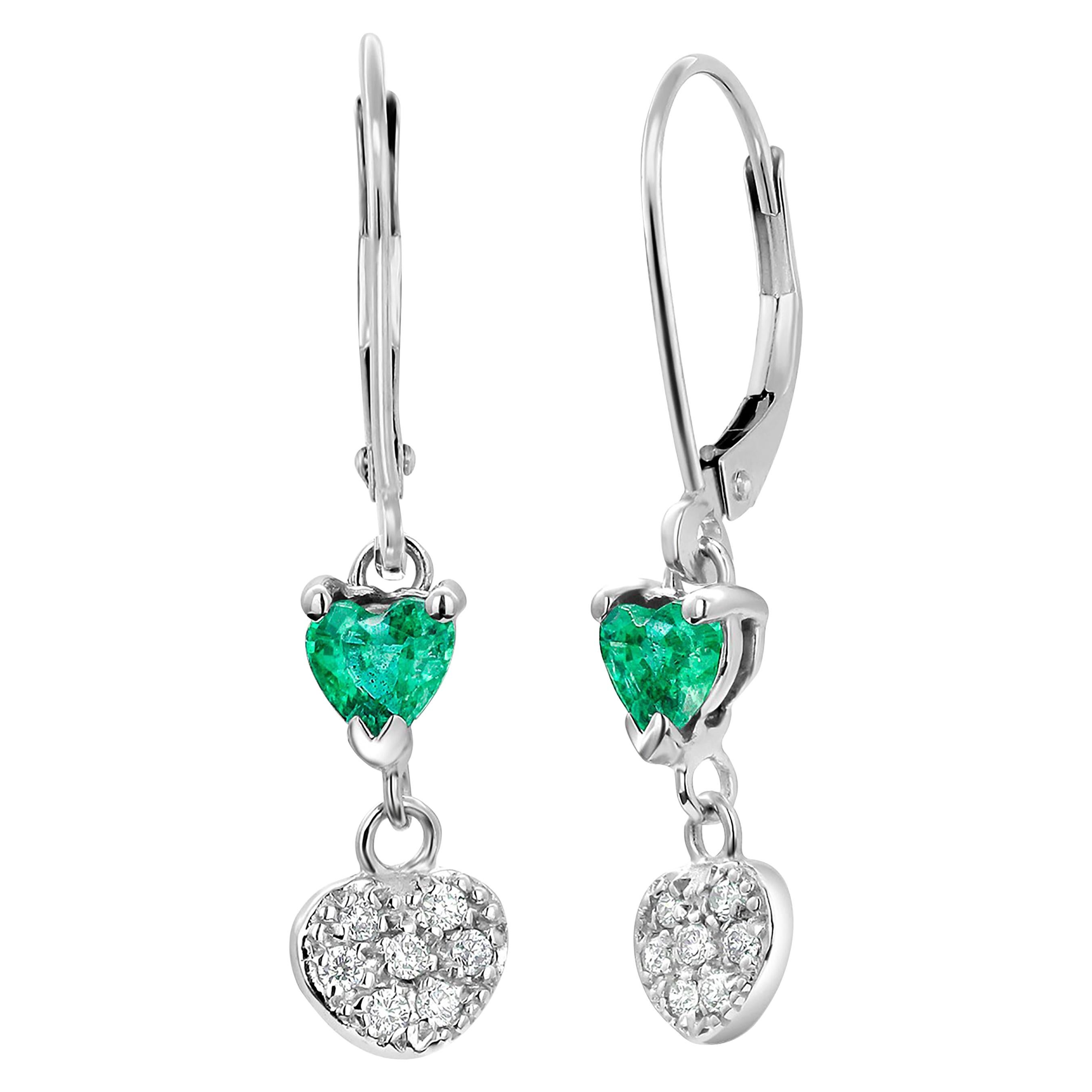 Heart Shape Emerald and Diamond White Gold Hoop Earrings