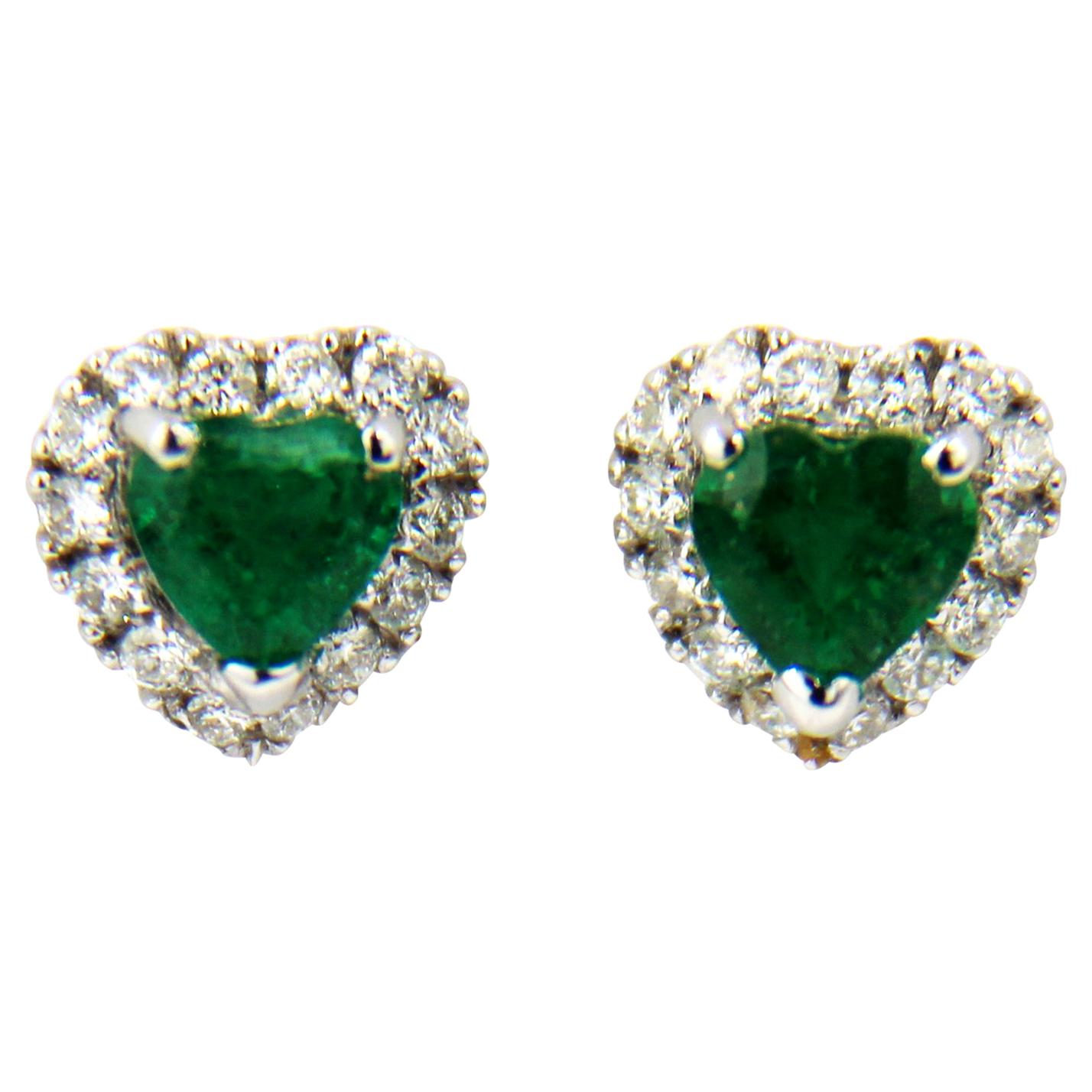 Heart Shape Emerald Diamonds 18 Karat White Gold Stud Earrings For Sale