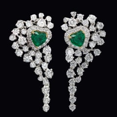 Heart Shape Emerald Earrings Dangling Diamond Earrings 18 Karat White Gold