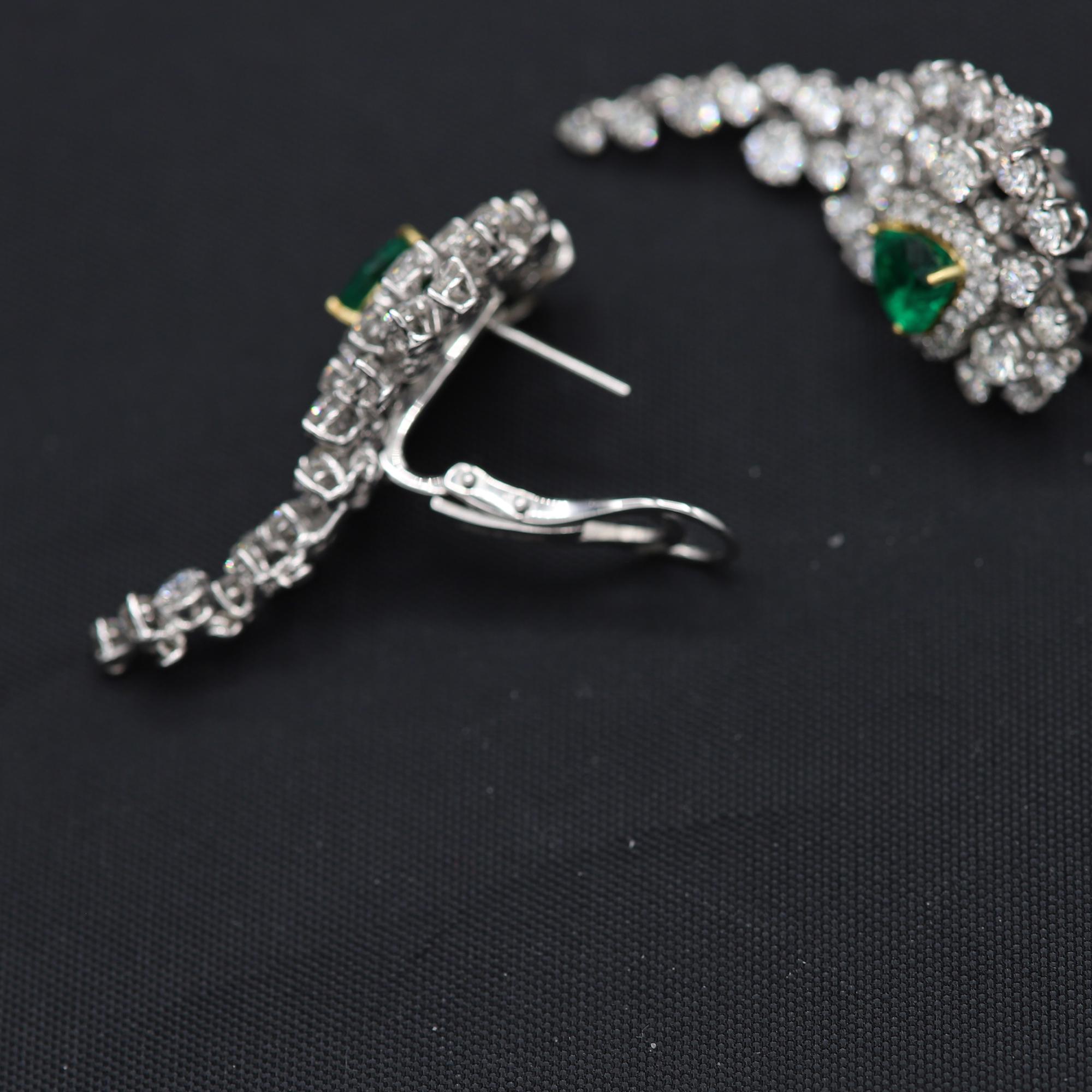 Heart Shape Emerald Earrings Dangling Diamond Earrings 18 Karat White Gold 1