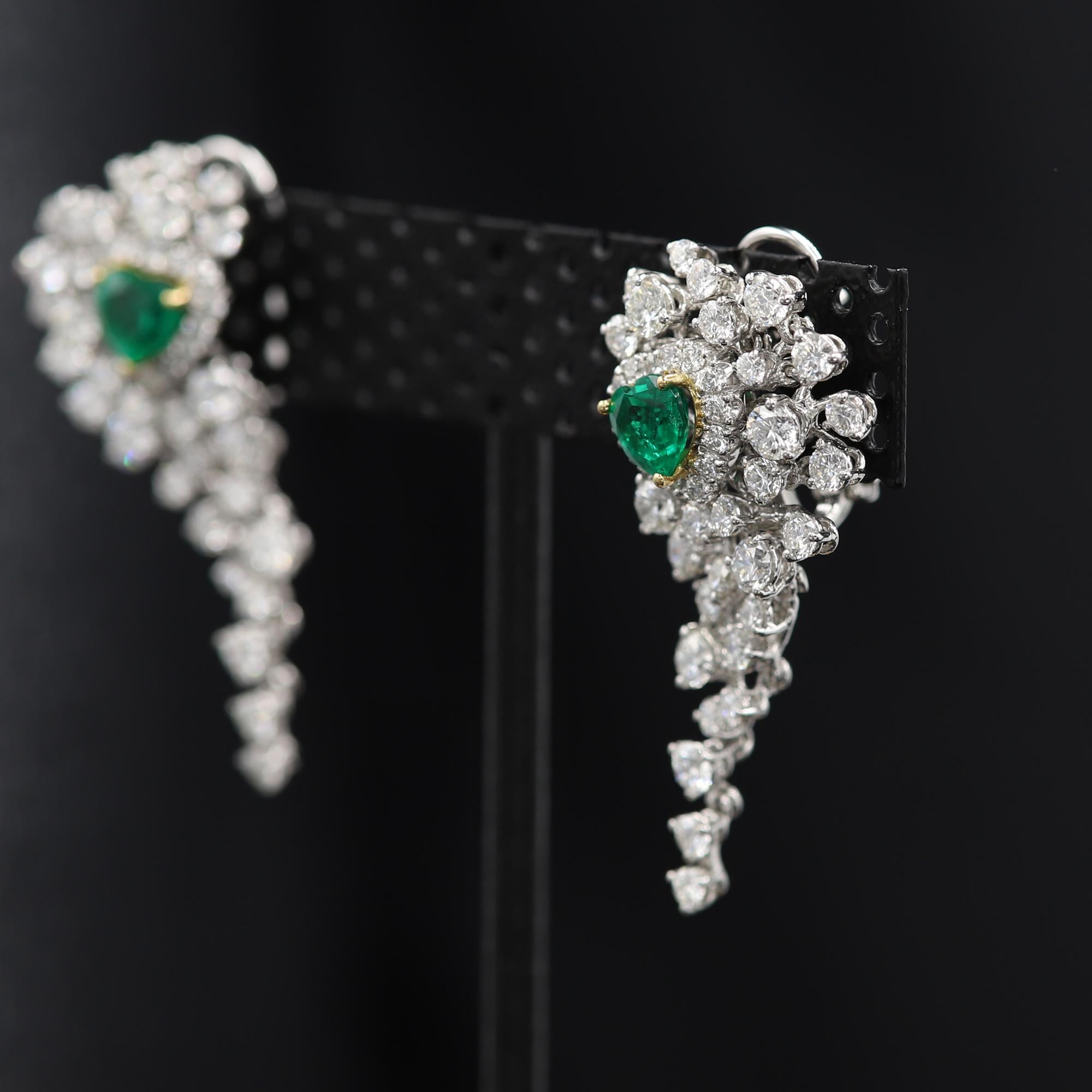 Heart Shape Emerald Earrings Dangling Diamond Earrings 18 Karat White Gold 2