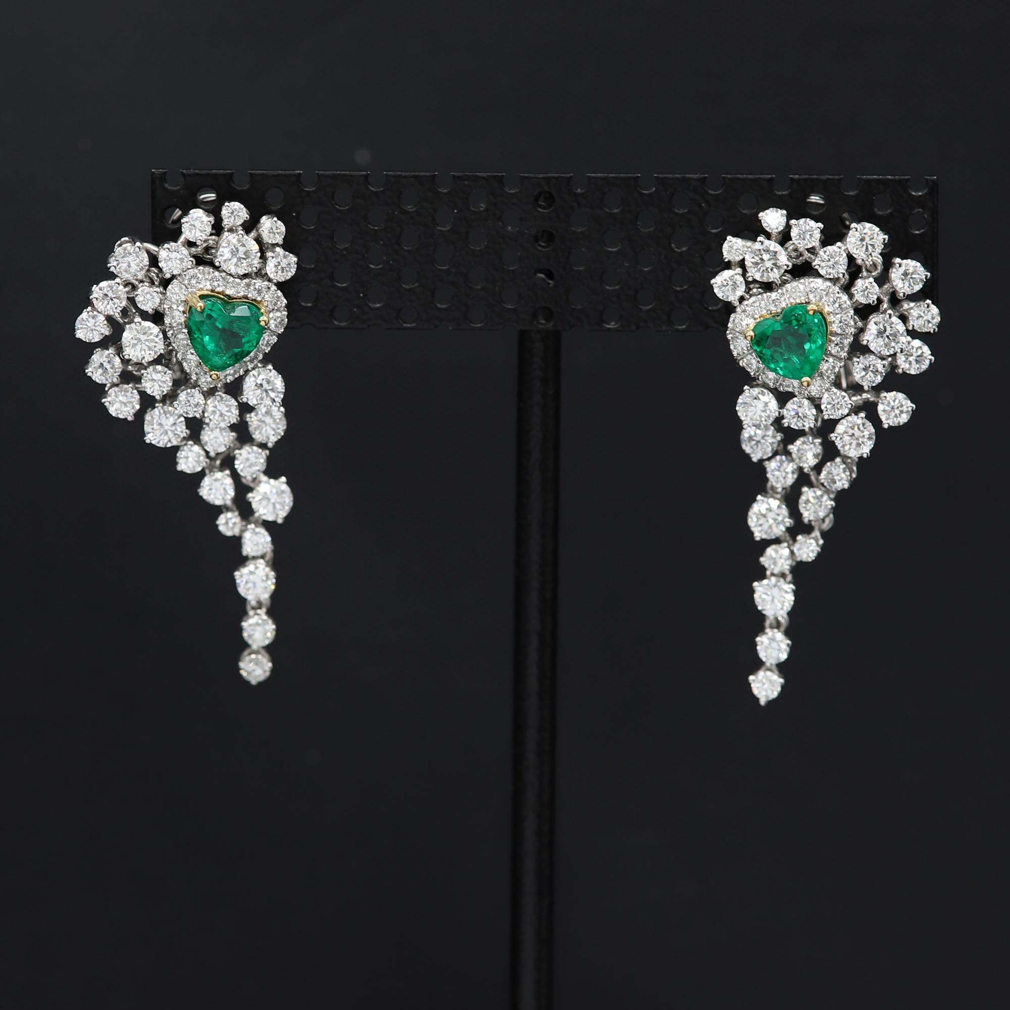 Heart Shape Emerald Earrings Dangling Diamond Earrings 18 Karat White Gold 3