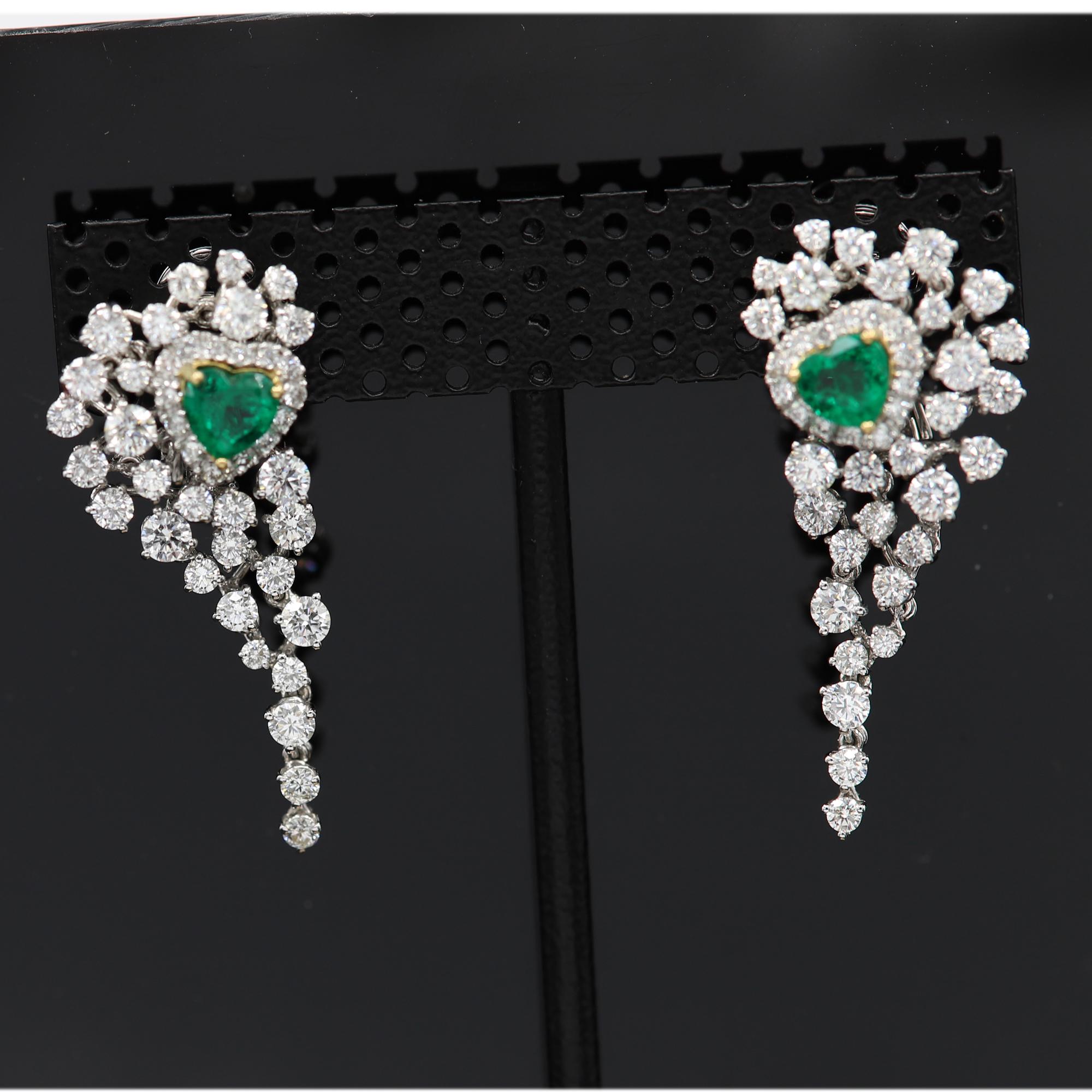 Heart Shape Emerald Earrings Dangling Diamond Earrings 18 Karat White Gold 4