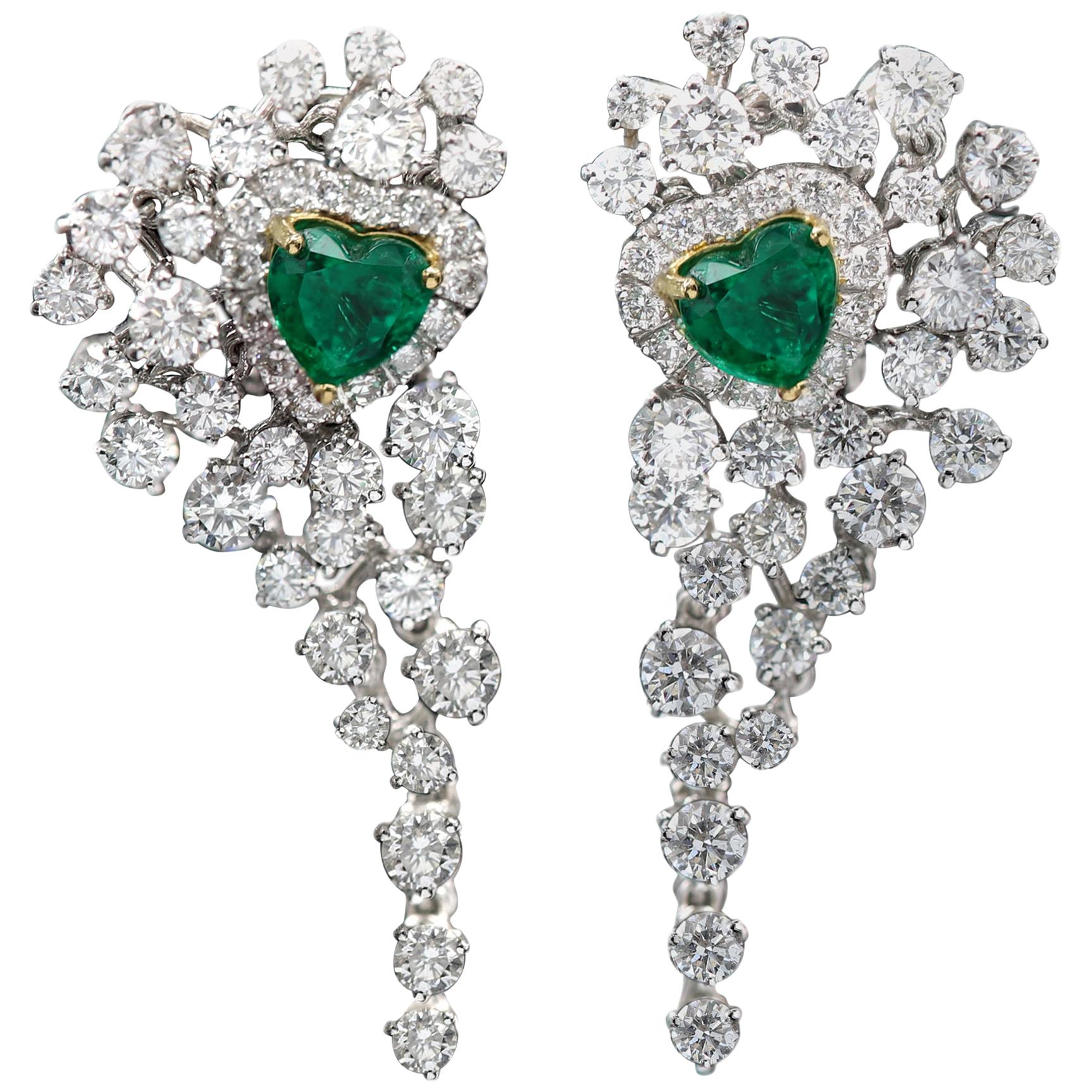 Heart Shape Emerald Earrings Dangling Diamond Earrings 18 Karat White Gold