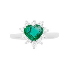 Heart Shape Emerald Engagement Cocktail Ring Diamond Halo 18k White Gold
