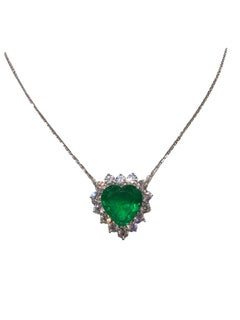 Heart Shape Emerald Pendant Necklace 6.69ct Zambian Emerald 2.52ct Diamond Halo