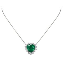 Heart Shape Emerald Pendant Necklace 6.69ct Zambian Emerald 2.52ct Diamond Halo