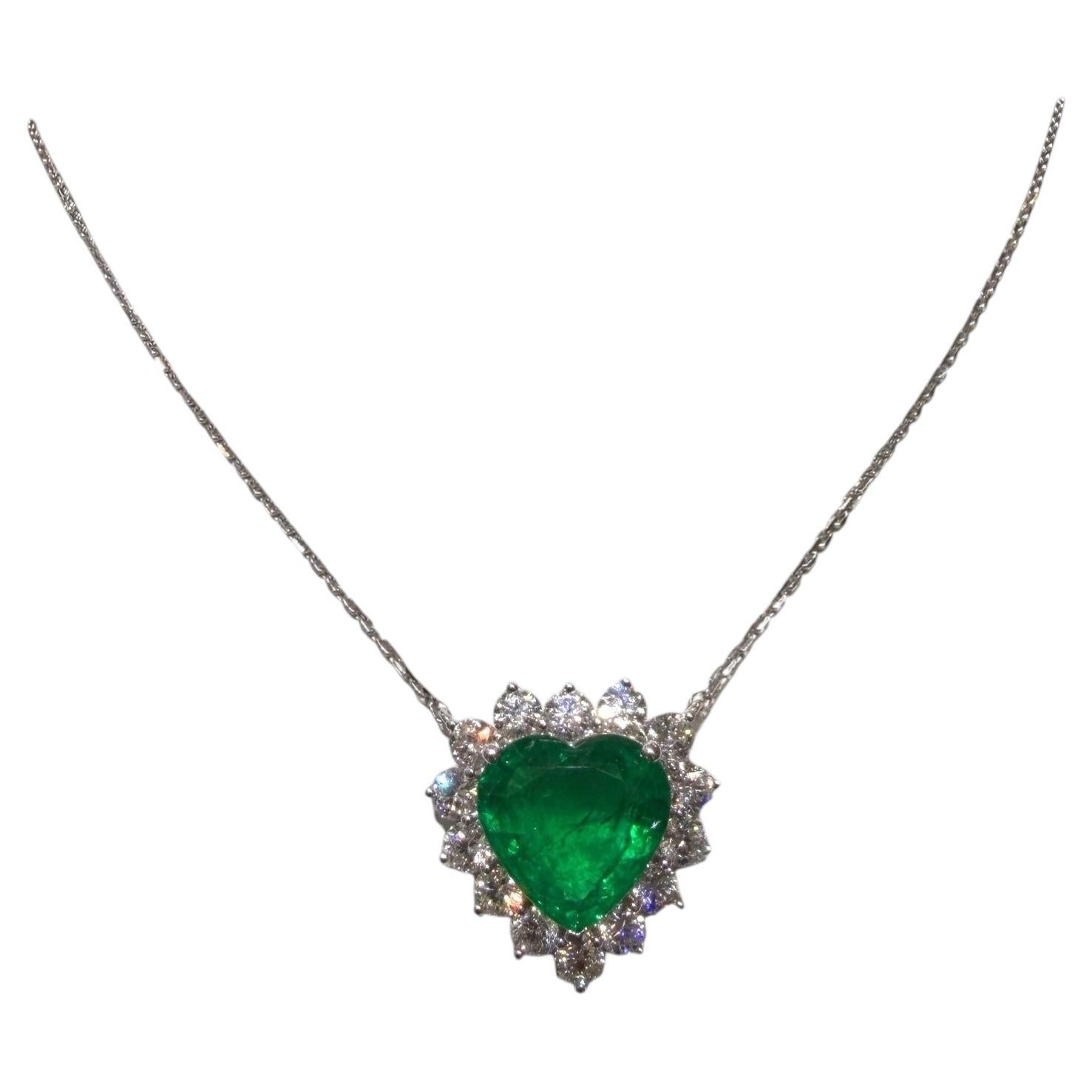 Heart Shape Zambian Emerald Necklace, 6.69ct Diamond Halo, 18K White Gold For Sale
