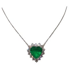 Heart Shape Emerald Pendant Necklace 6.69ct Zambian Emerald 2.52ct Diamond Halo