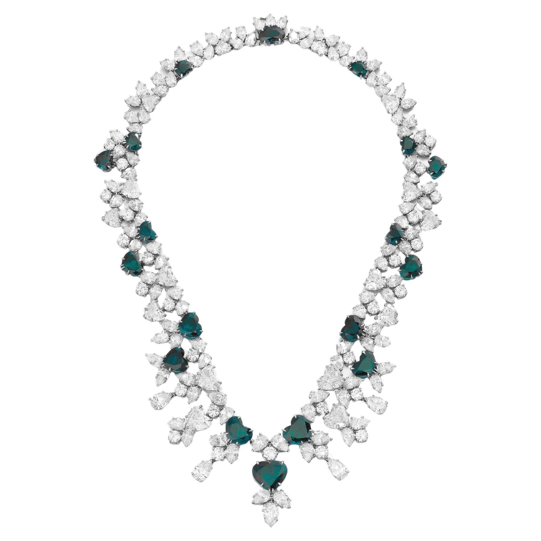 Heart Shape Emeralds and Diamond Pendant Necklace