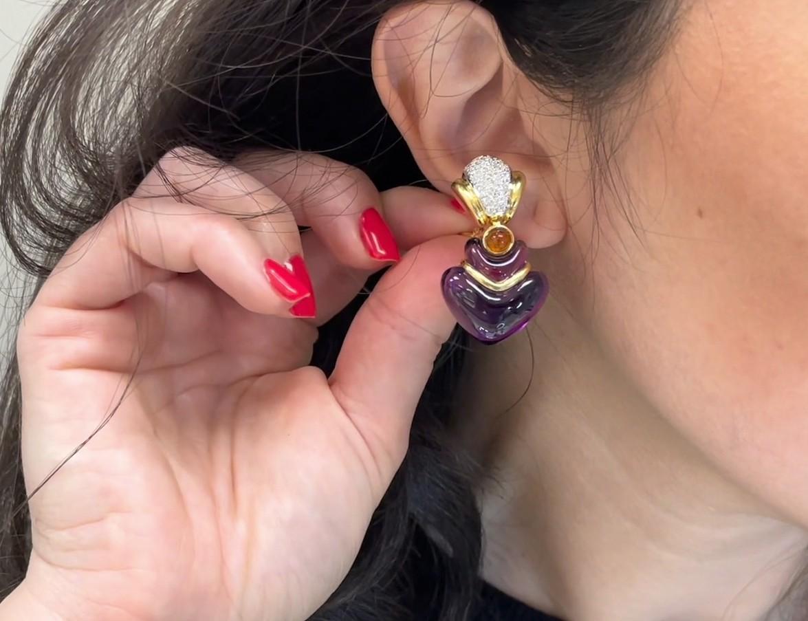 Women's Heart Shape Fancy Cut Cabochon Amethyst Drop 18k Earrings Diamonds & Citrines For Sale