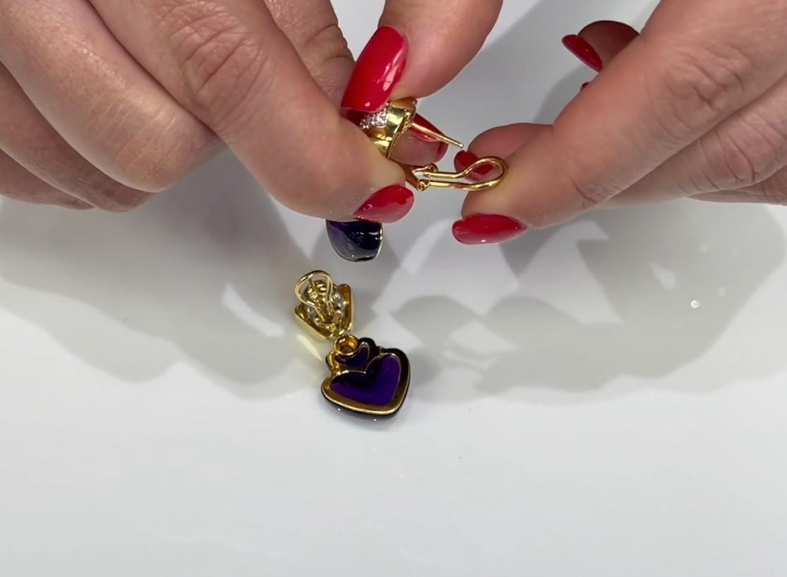 Heart Shape Fancy Cut Cabochon Amethyst Drop 18k Earrings Diamonds & Citrines For Sale 4