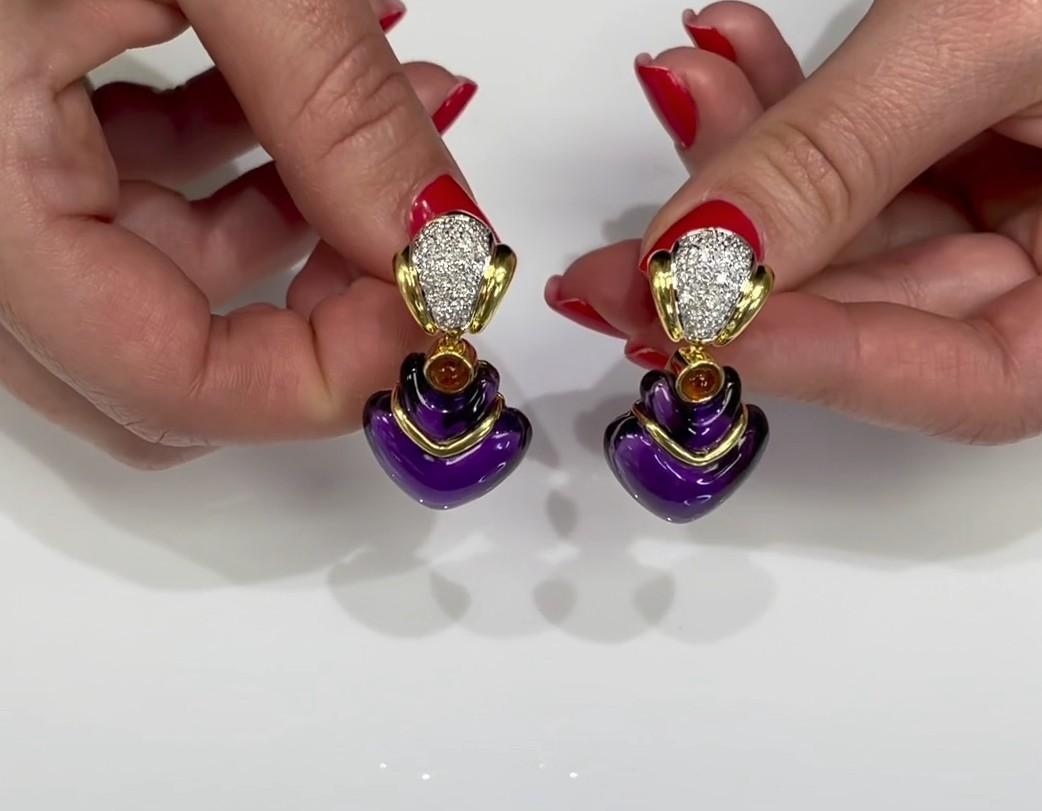 Heart Shape Fancy Cut Cabochon Amethyst Drop 18k Earrings Diamonds & Citrines For Sale 5