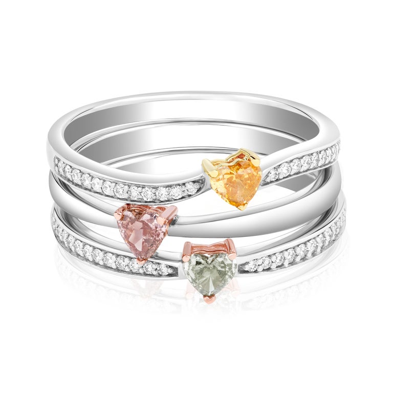 Heart Shape Fancy Pink Diamond Stackable Ring Set in 14k Rose and White