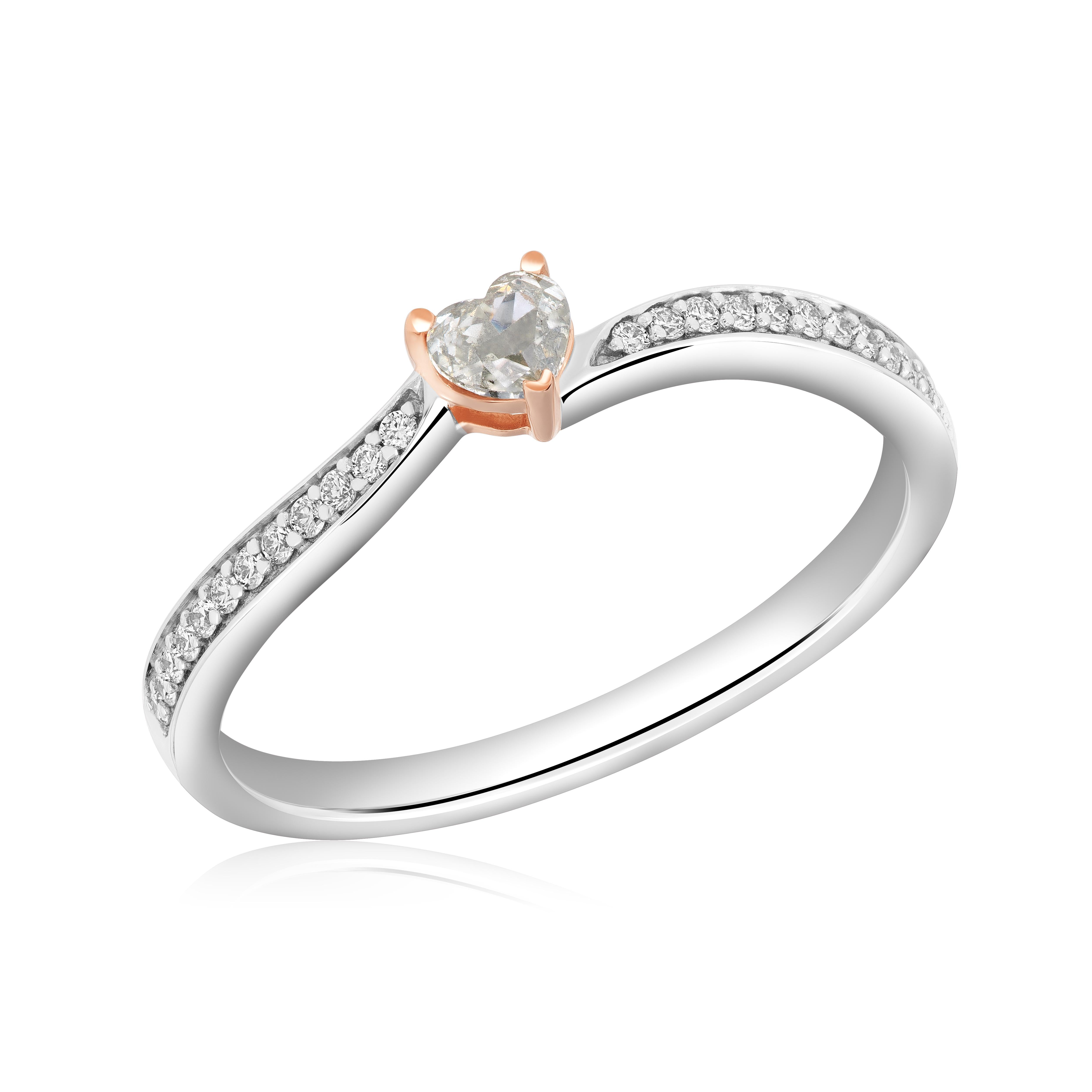 Elevate your style with a captivating statement piece, the stunning heart-shaped stackable ring. Adorned with a rare 0.18-carat fancy light grayish-yellow diamond, it exudes an alluring charm. The ring is further embellished by 24 white melee