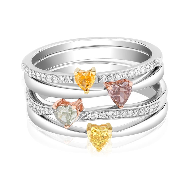 Heart Shape Fancy Yellow Diamond Stackable Ring Set in 14k Rose and ...