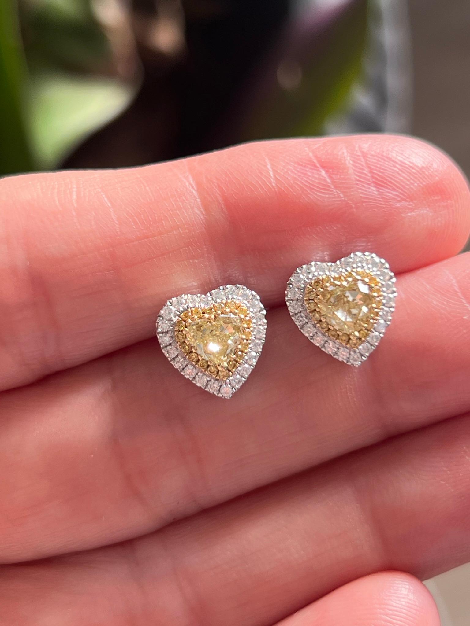 Heart Cut Heart Shape Fancy Yellow Diamond Studs For Sale