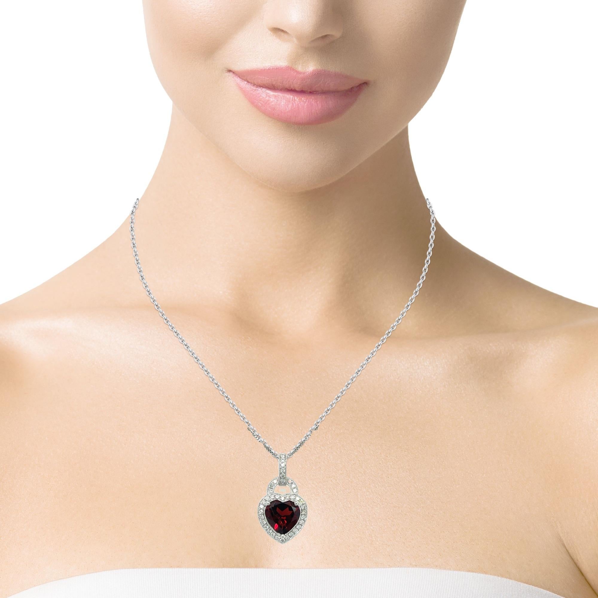 Heart Cut Heart Shape Garnet and Diamond Solitaire Pendant in 14KW Gold  For Sale