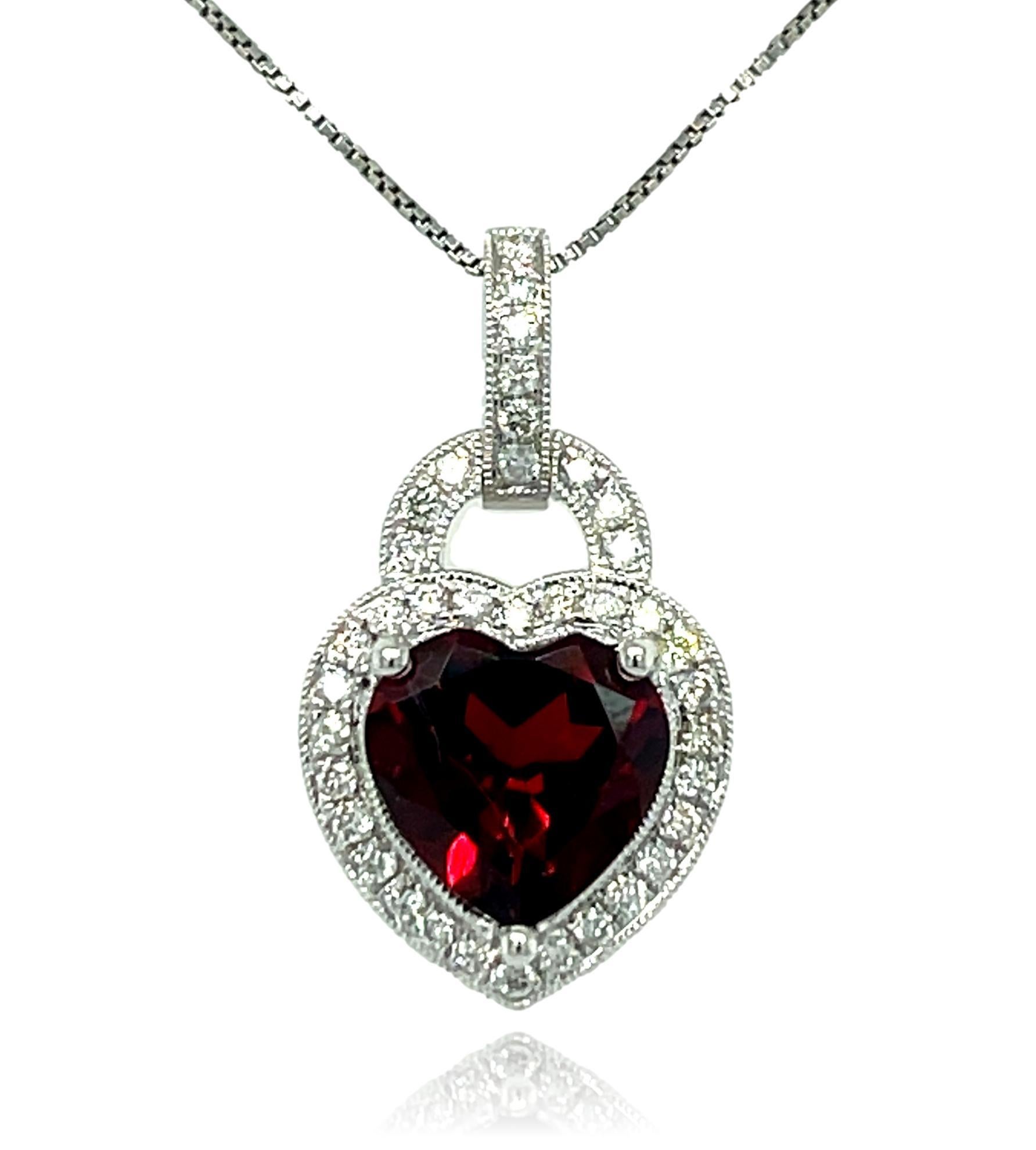 Heart Shape Garnet and Diamond Solitaire Pendant in 14KW Gold  In New Condition For Sale In New York, NY