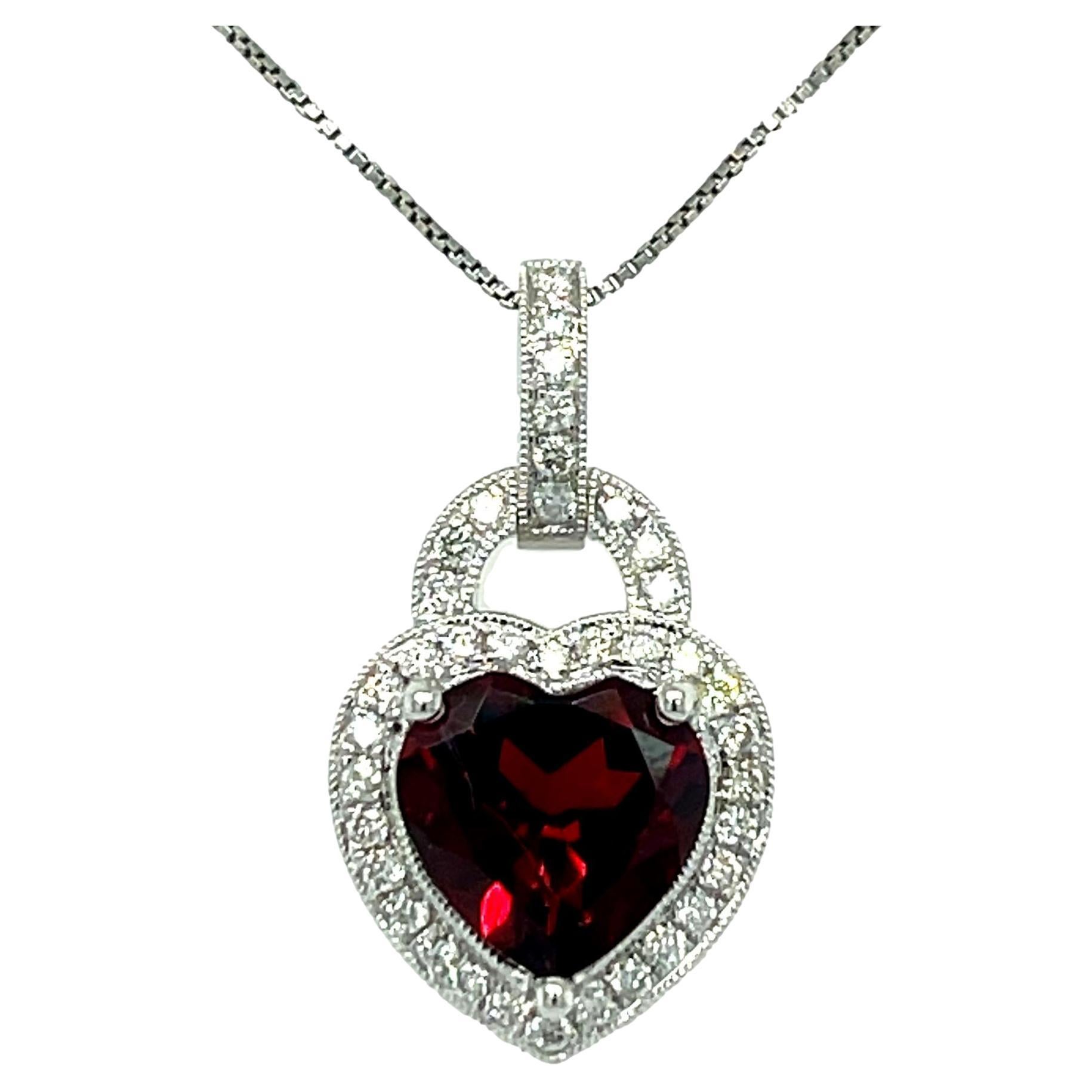 Heart Shape Garnet and Diamond Solitaire Pendant in 14KW Gold  For Sale