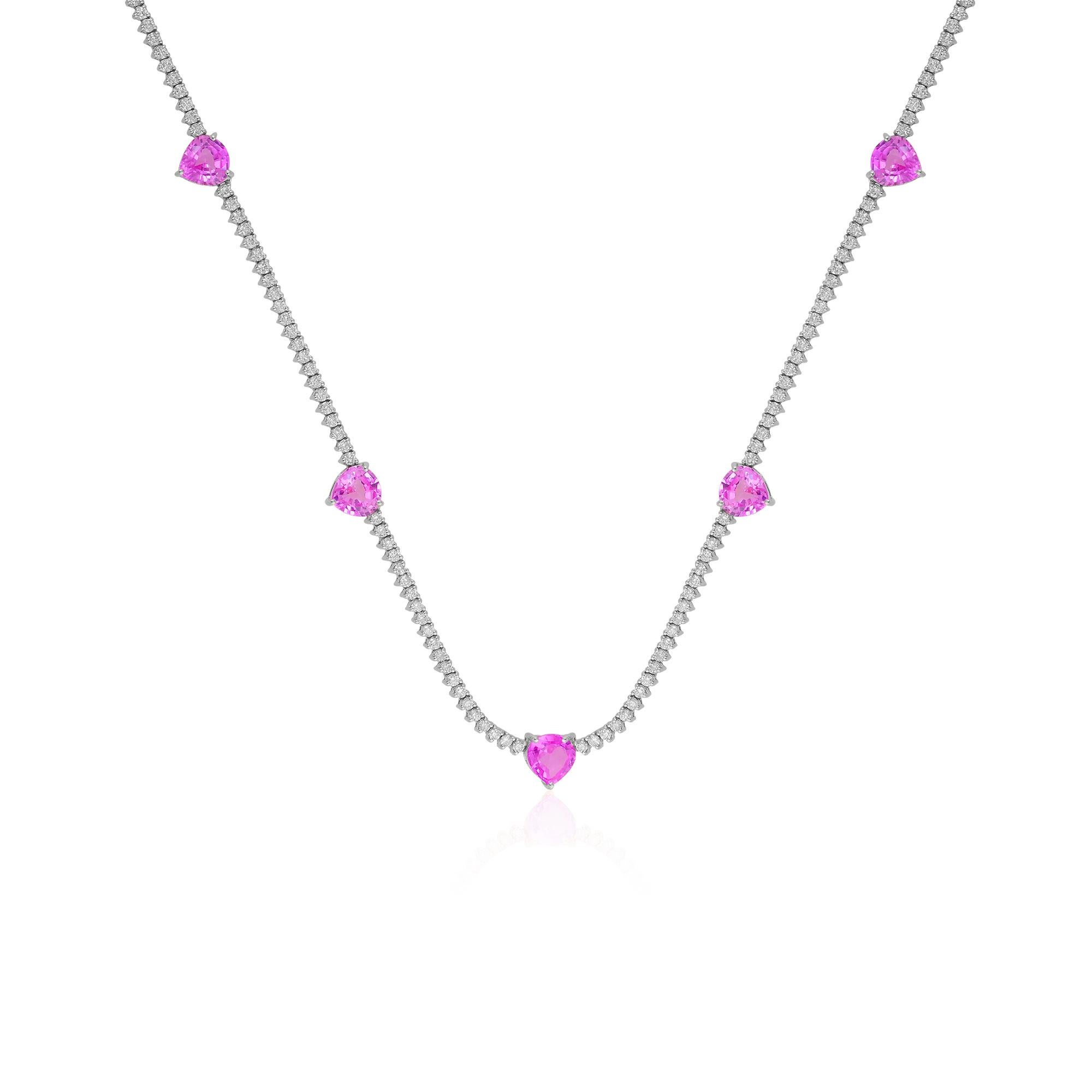 Round Cut Heart Shape Pink Gemstone Necklace Diamond 18 Karat White Gold Handmade Jewelry For Sale