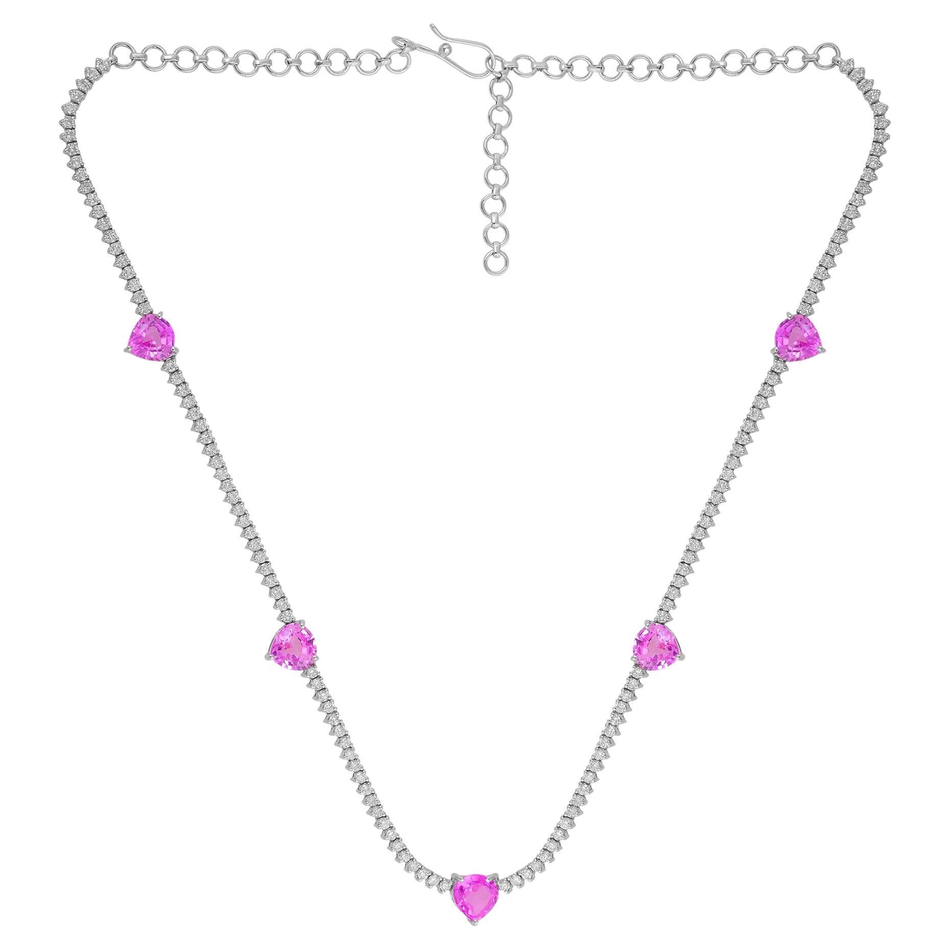 Halskette in Herzform mit rosa Edelsteinen und Diamanten aus 18 Karat Weißgold, handgefertigt im Angebot