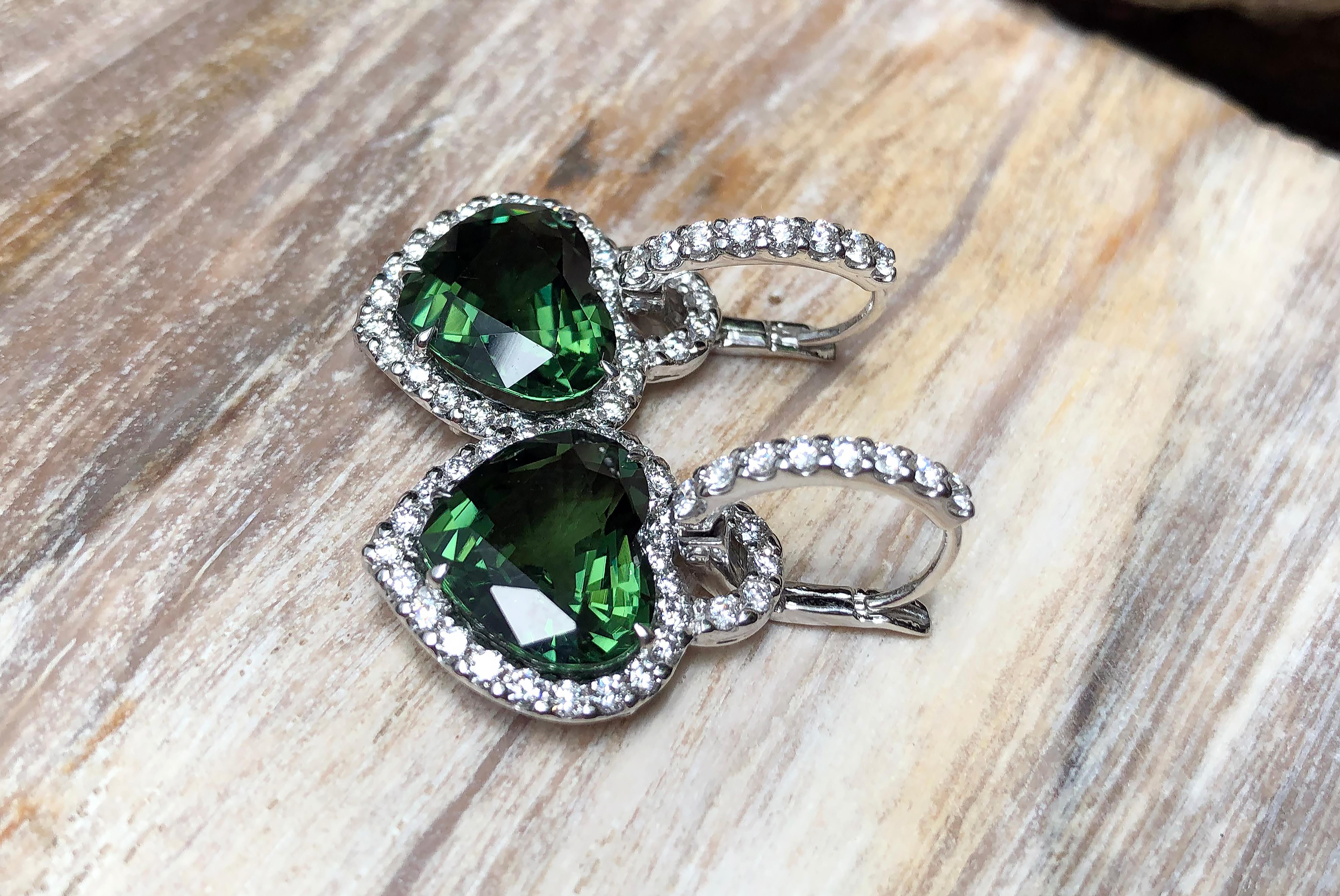 Women's Heart Shape Green Tourmaline with Diamond Earrings Set in 18 Karat White Gold For Sale