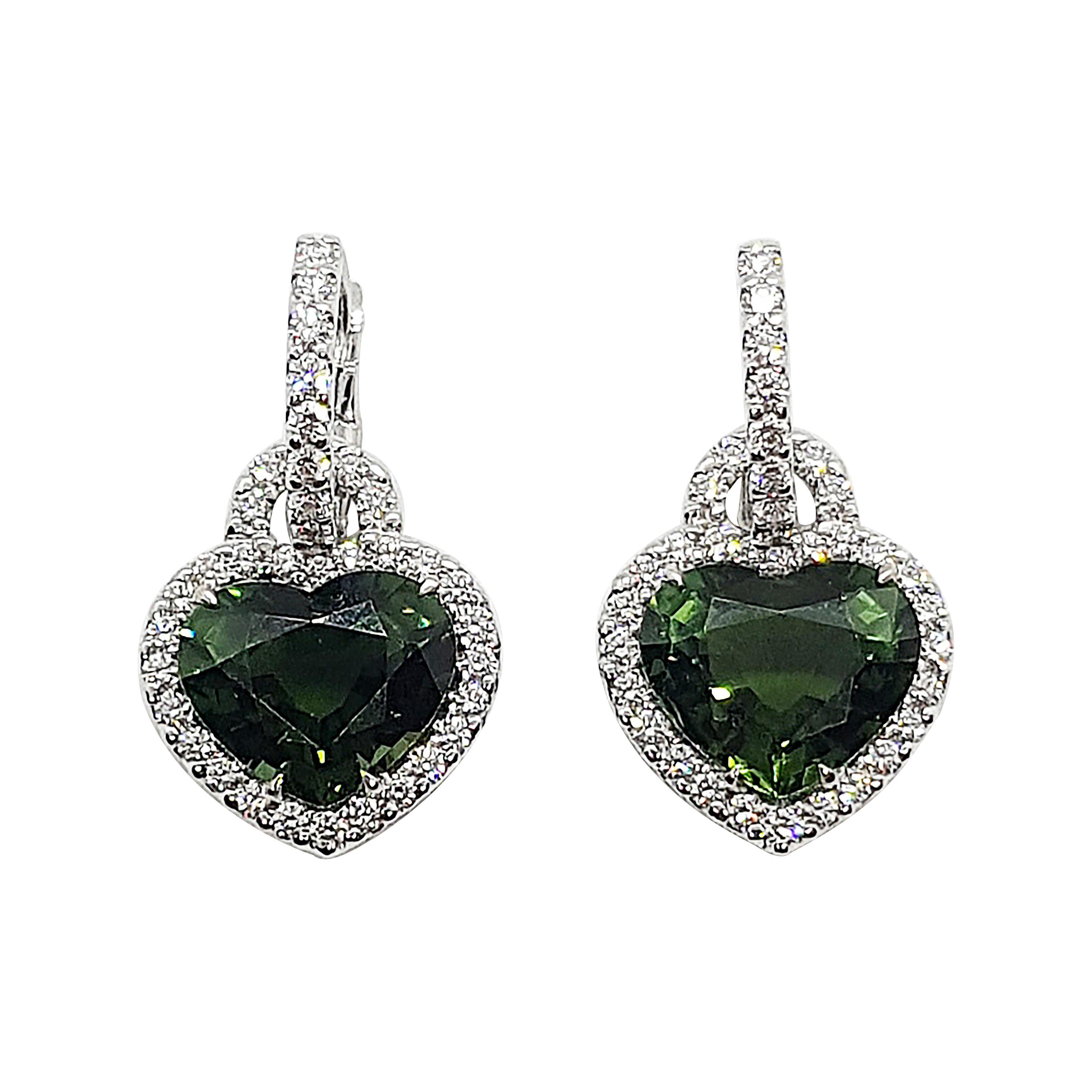 Heart Shape Green Tourmaline with Diamond Earrings Set in 18 Karat White Gold For Sale