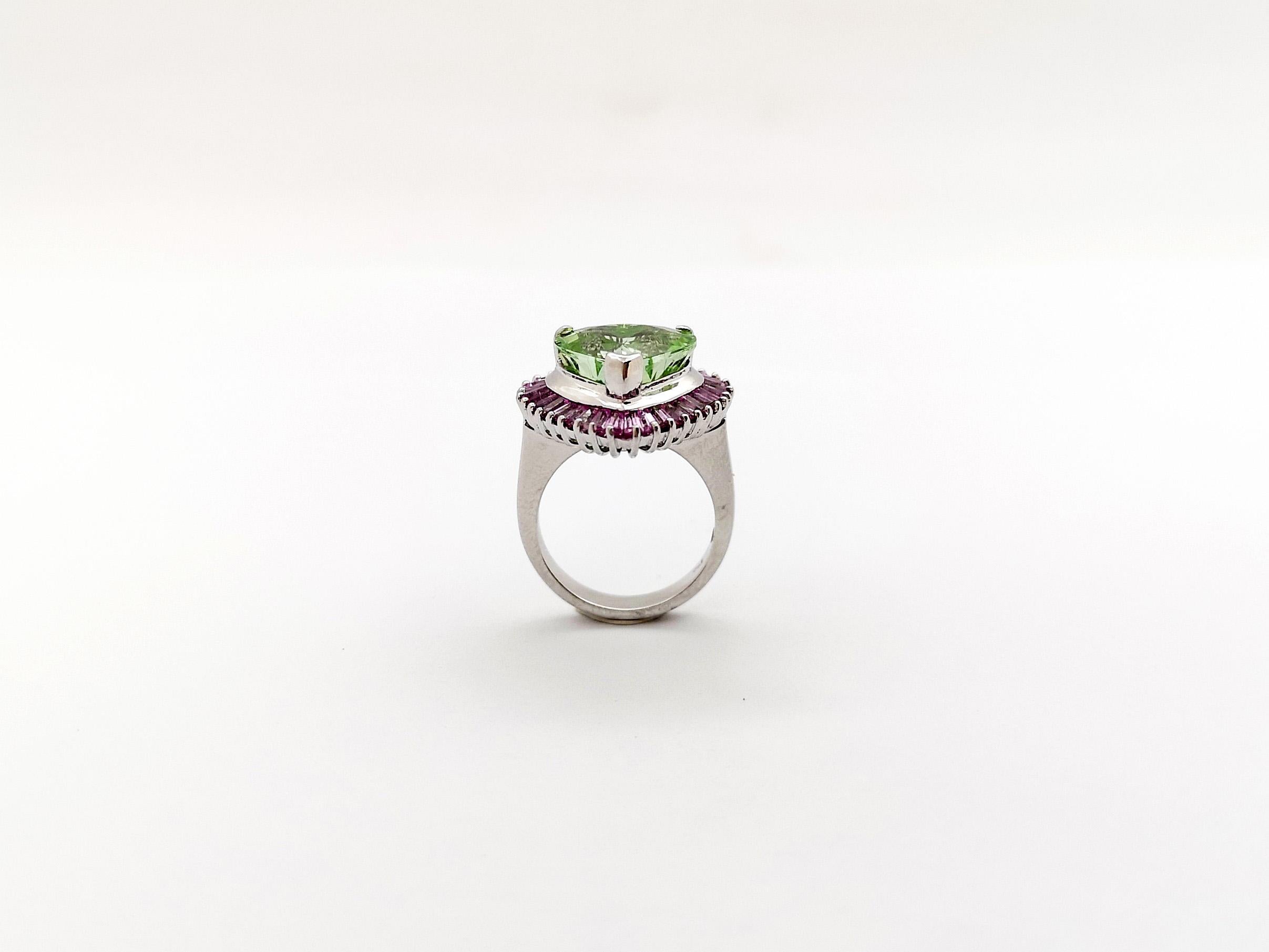 Heart Shape Green Tourmaline with Pink Sapphire Ring set in 18K White Gold  For Sale 10