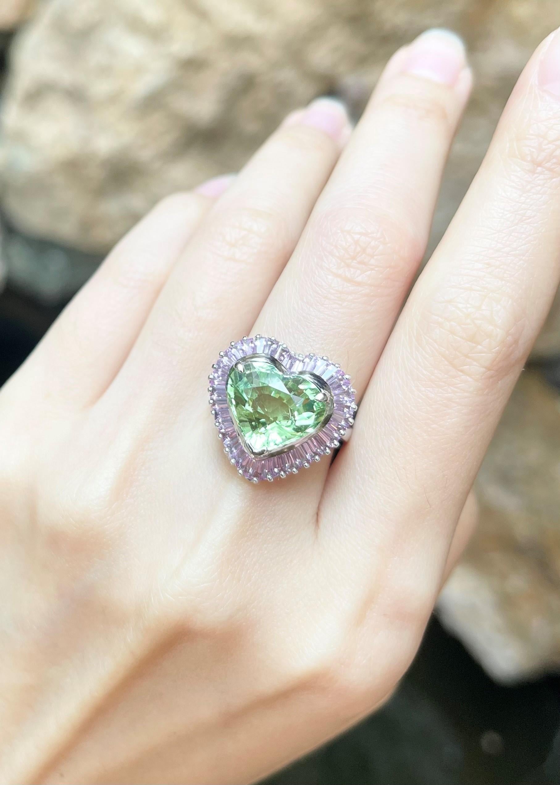 Heart Cut Heart Shape Green Tourmaline with Pink Sapphire Ring set in 18K White Gold  For Sale