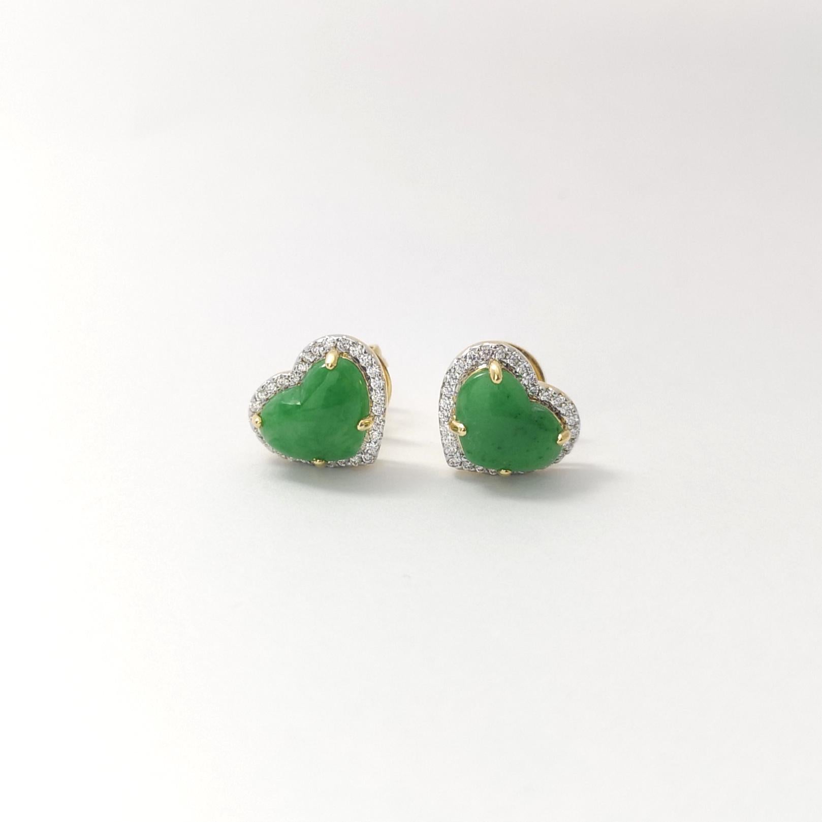 Cuore Orecchini di giada a forma di cuore con diamanti incastonati in oro 18K in vendita