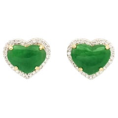 Herzförmige Jade-Ohrringe mit Diamanten in 18 Karat Goldfassungen