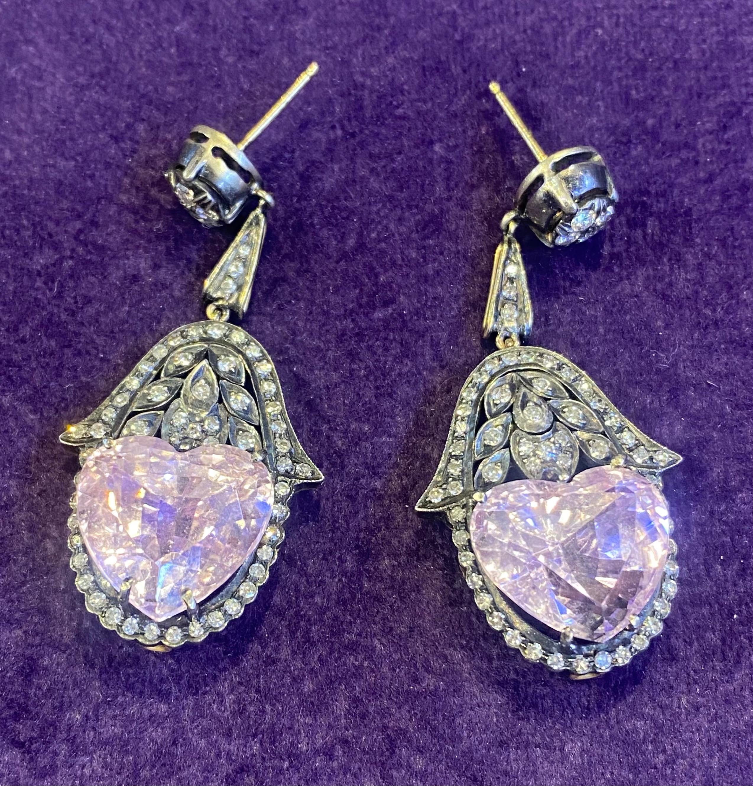 Heart Shape Kunzite & Diamond Earrings  For Sale 1