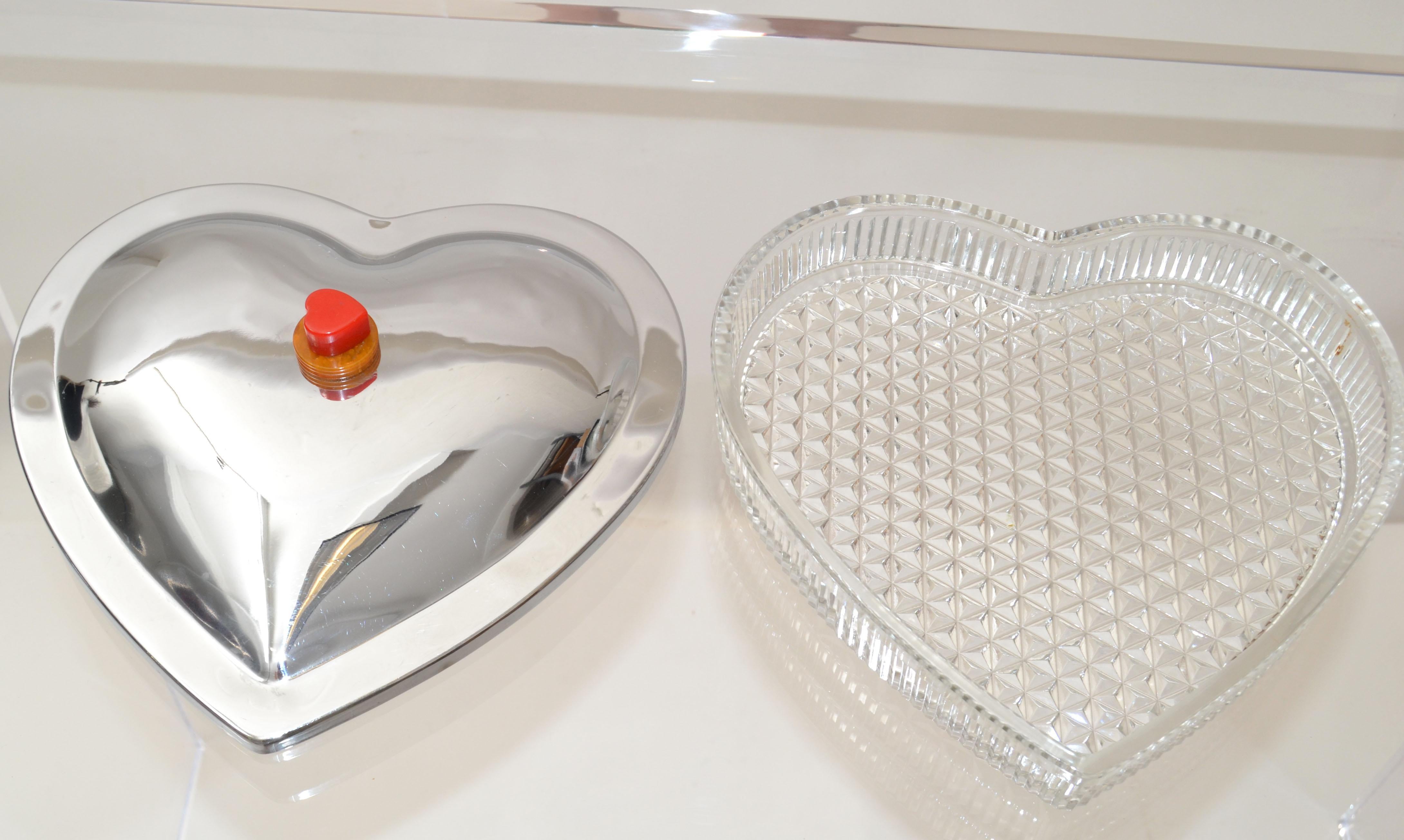 Hand-Carved Heart Shape Lidded Dish in Crystal Glass & Steel with Bakelite & Alabaster Knob For Sale